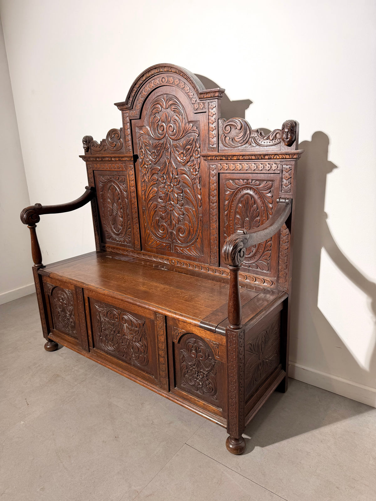 Antique Carved Oak Hall Bench with Storage