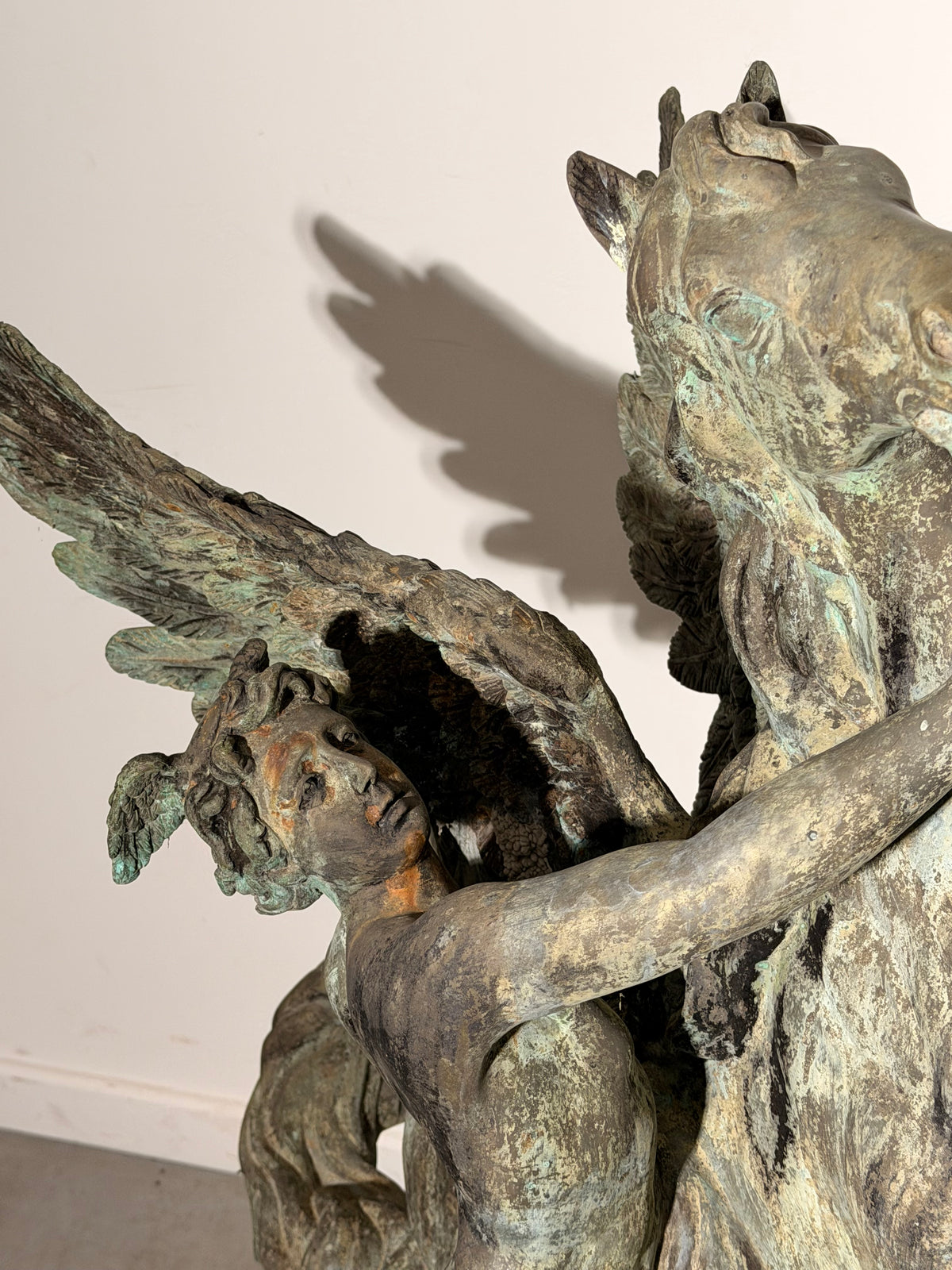 Large Patinated Bronze Pegasus & Winged Figure Sculpture