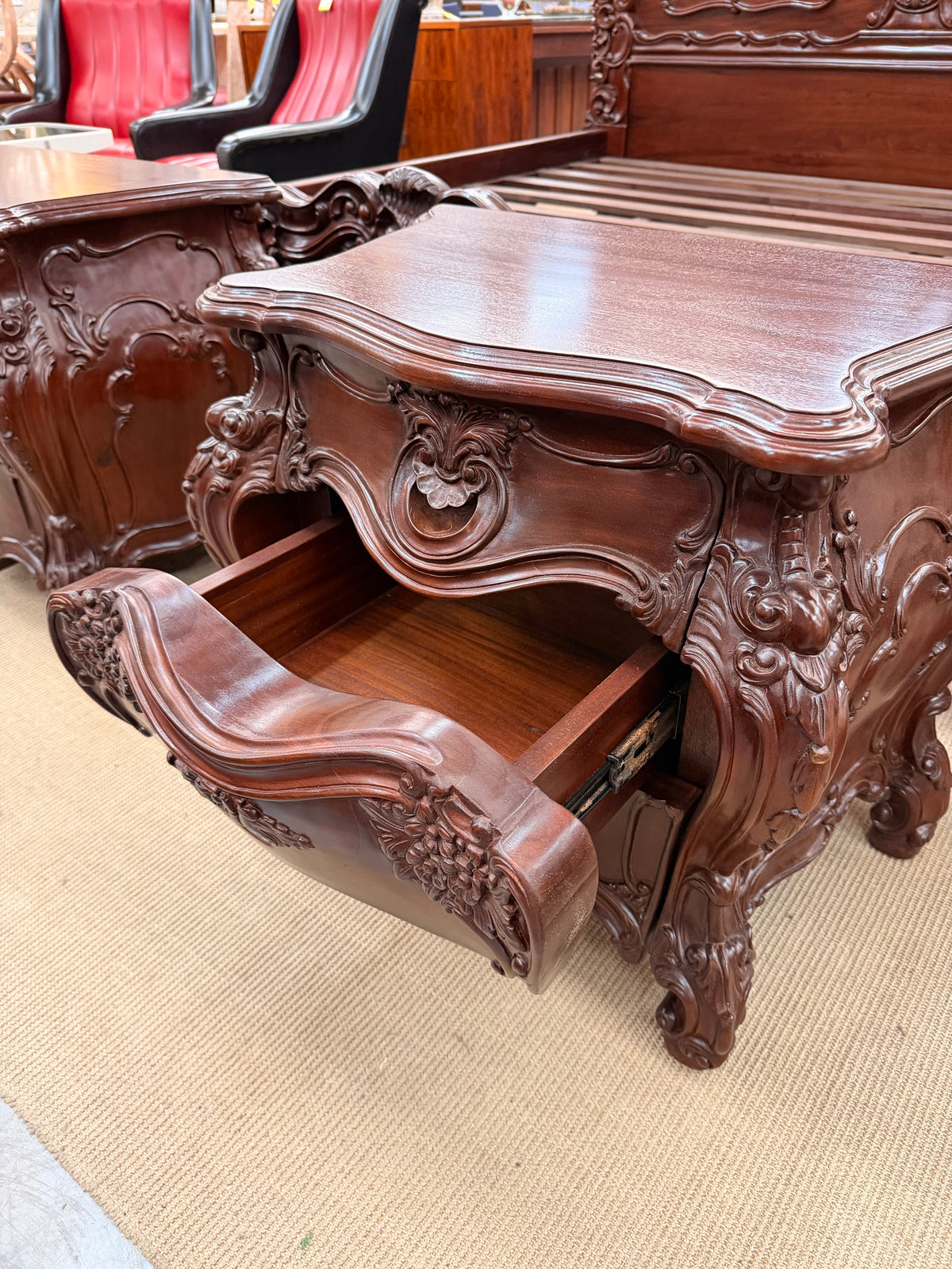 Ornately Carved Baroque Revival King Size Bed with Matching Nightstands