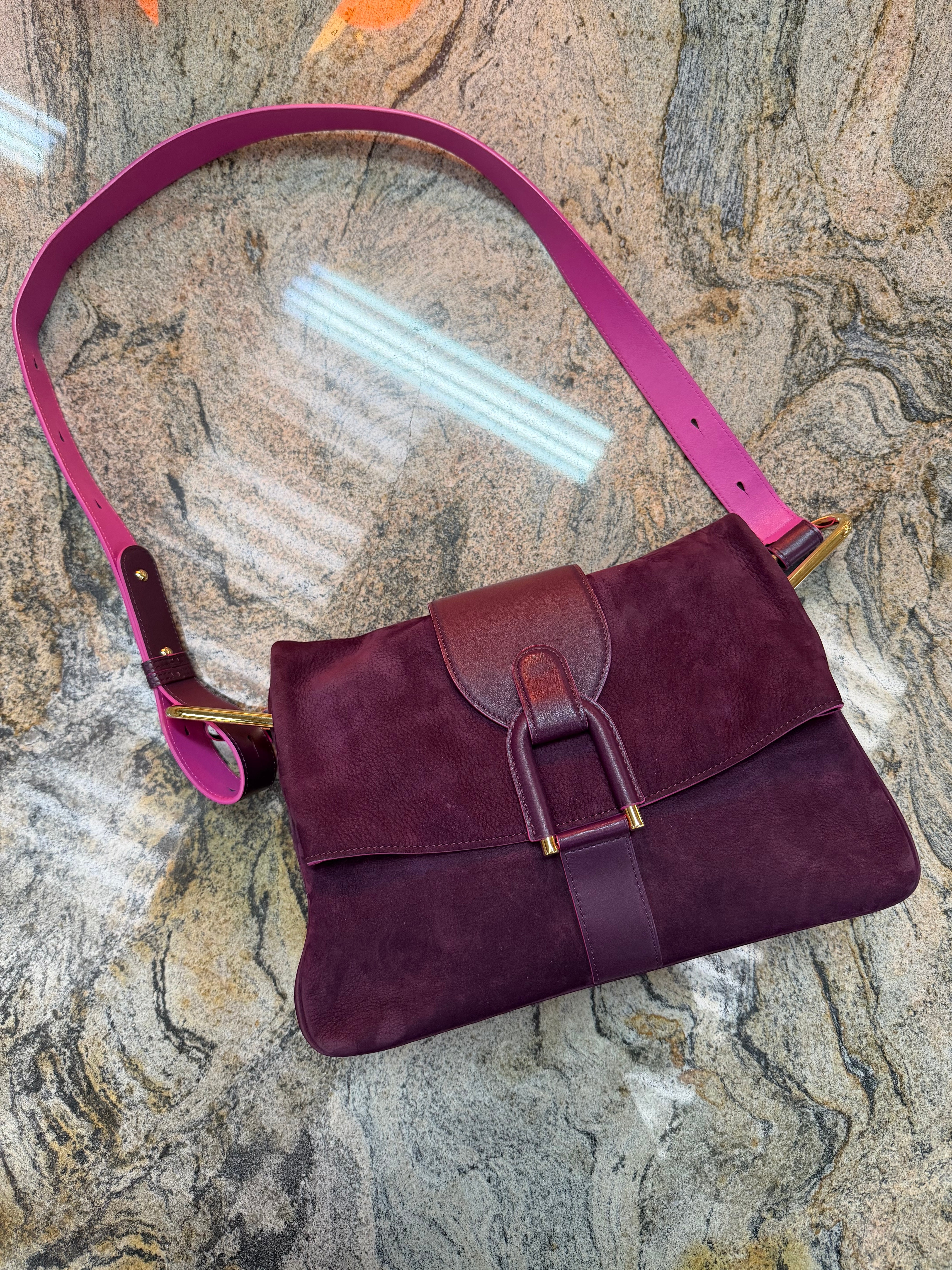 Delvaux Givry Bag in Purple Nubuck with Pink Details – Gold Hardware – 30x24 cm