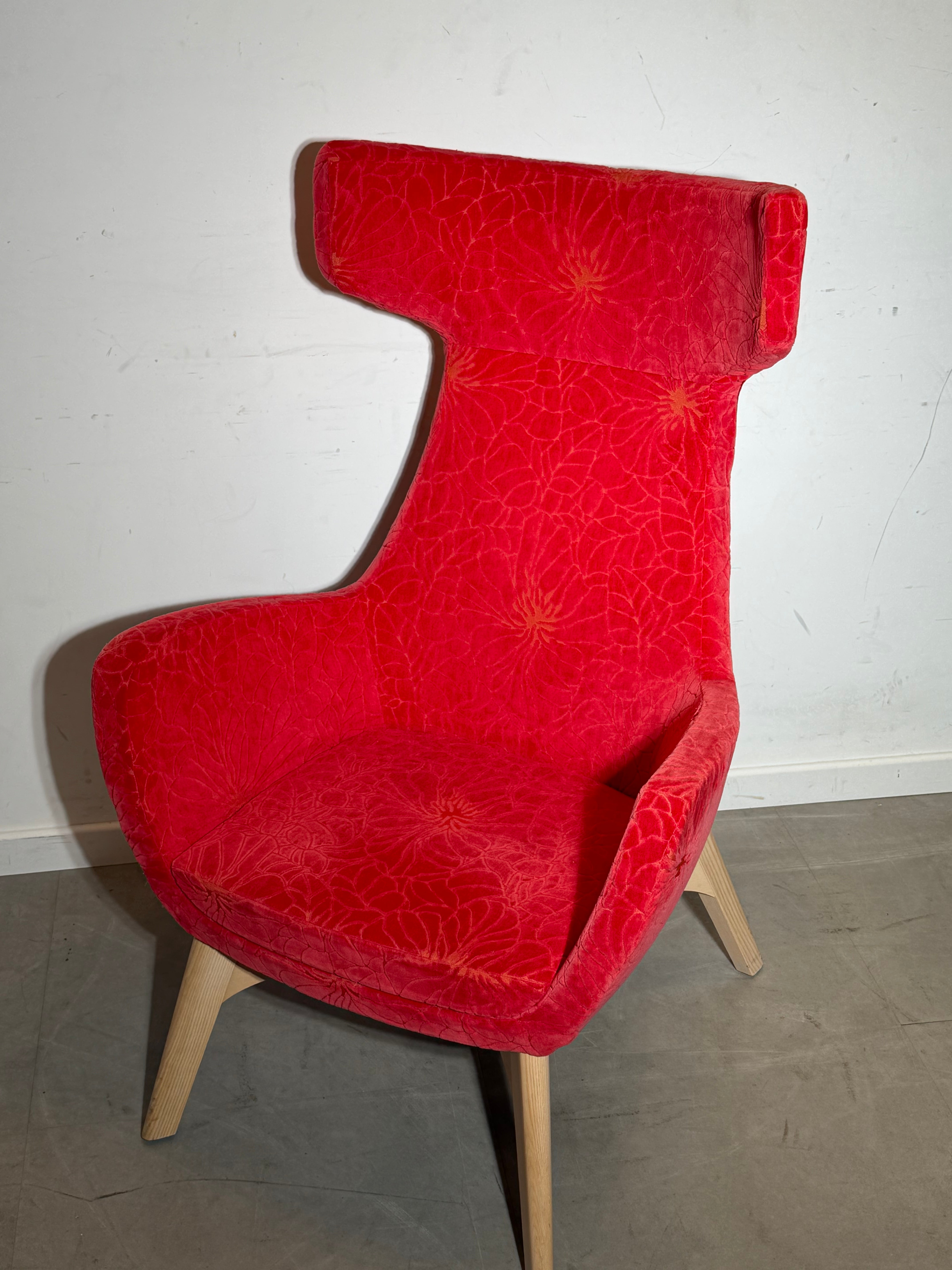 High Back Accent Lounge Chair in Red Floral Velvet
