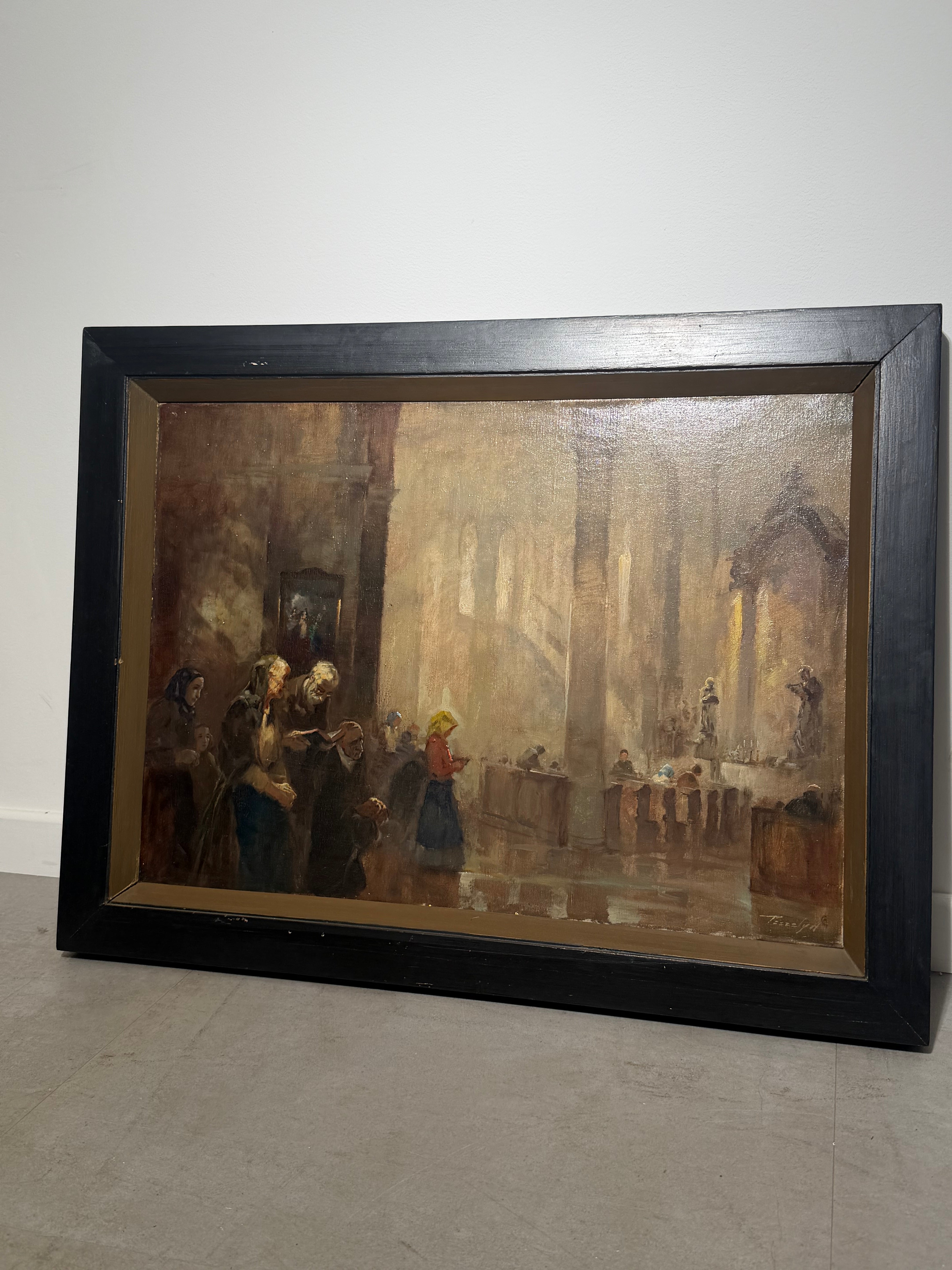 Antique Church Interior - Oil on Canvas - Signed