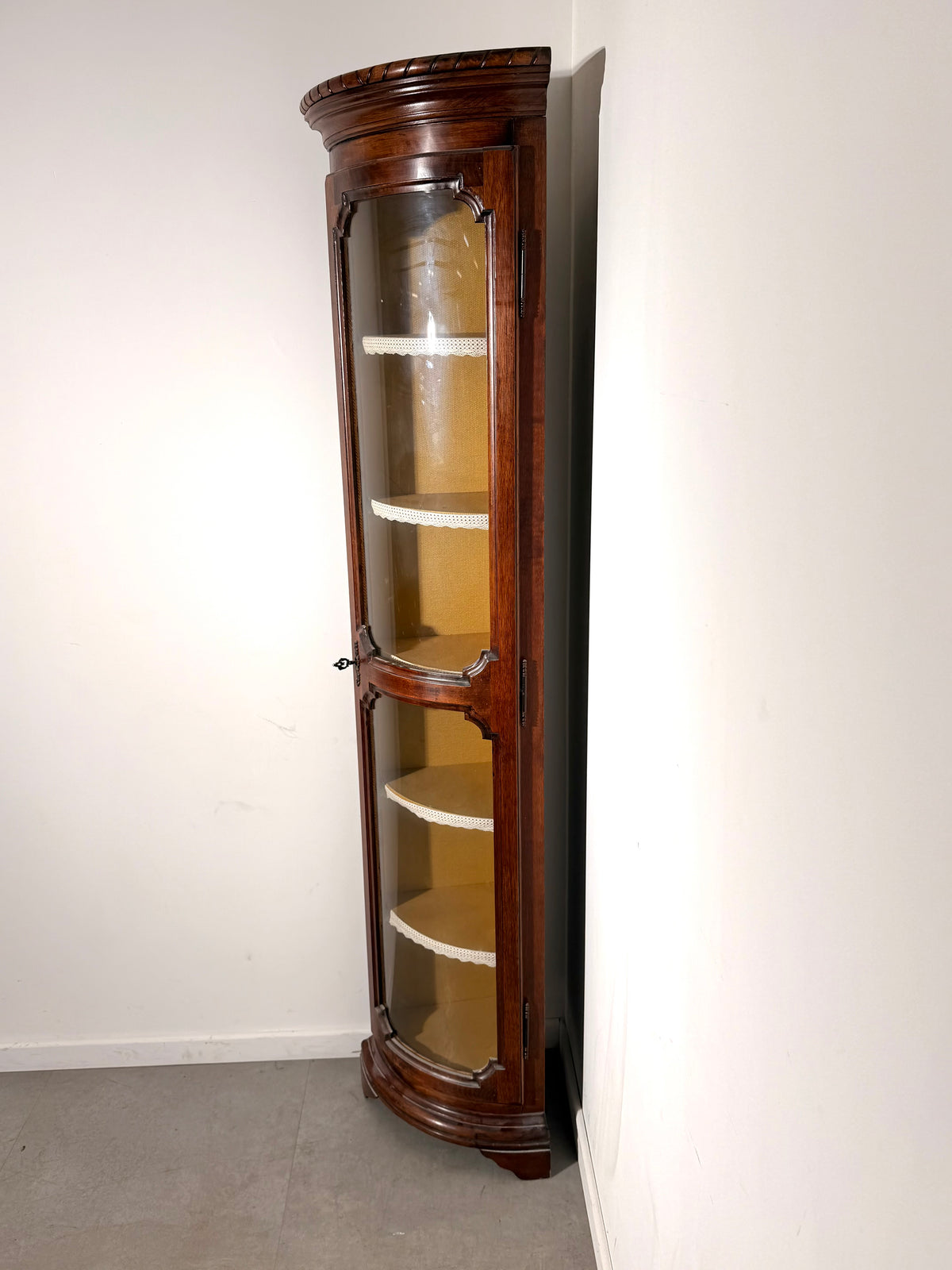 Antique Walnut Corner Display Cabinet with Curved Glass