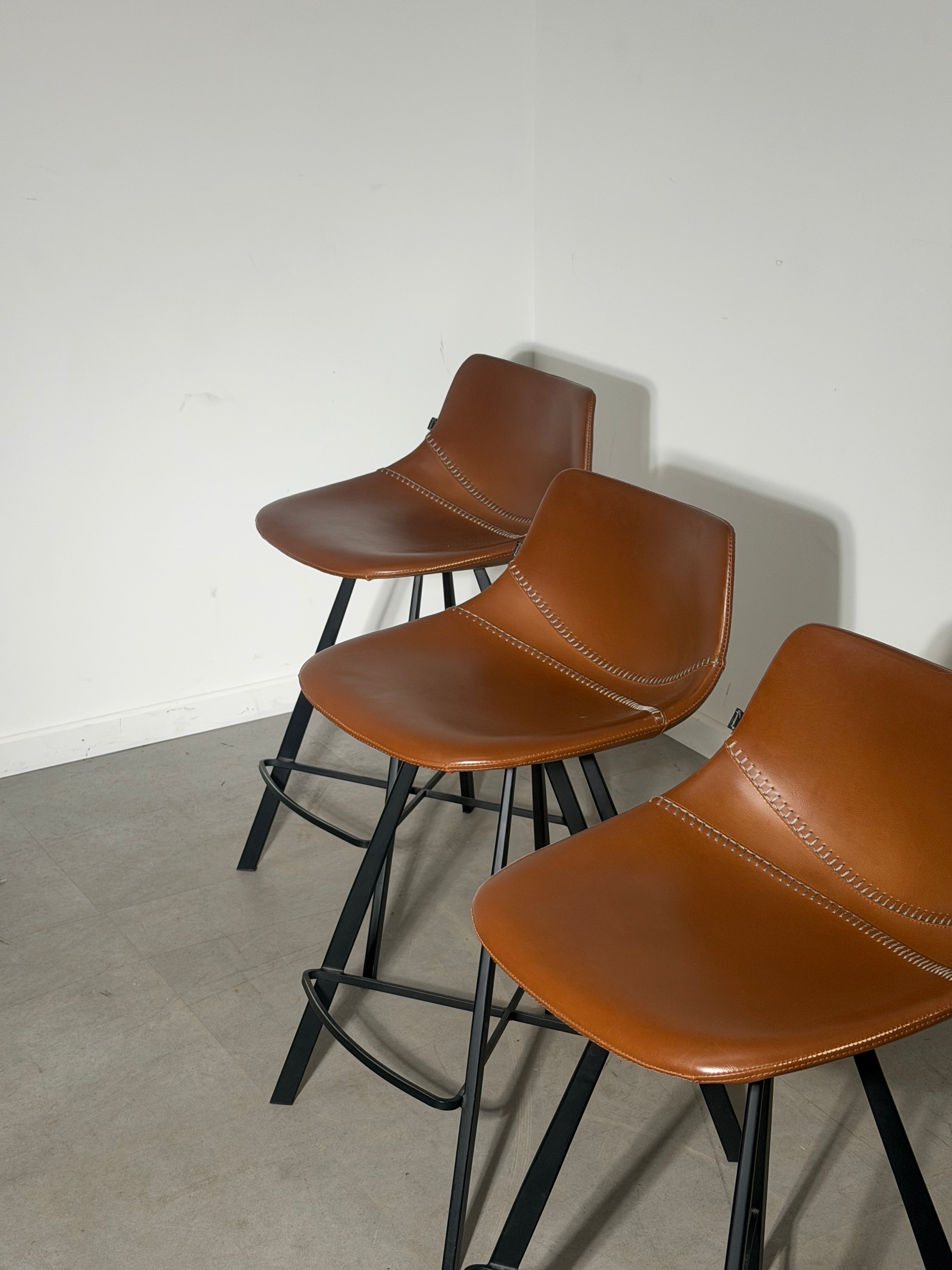 Set of 3 Goossens Wonen & Slapen Cognac Leather Bar Chairs