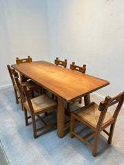 Brutalist oak dining table with 6 chairs