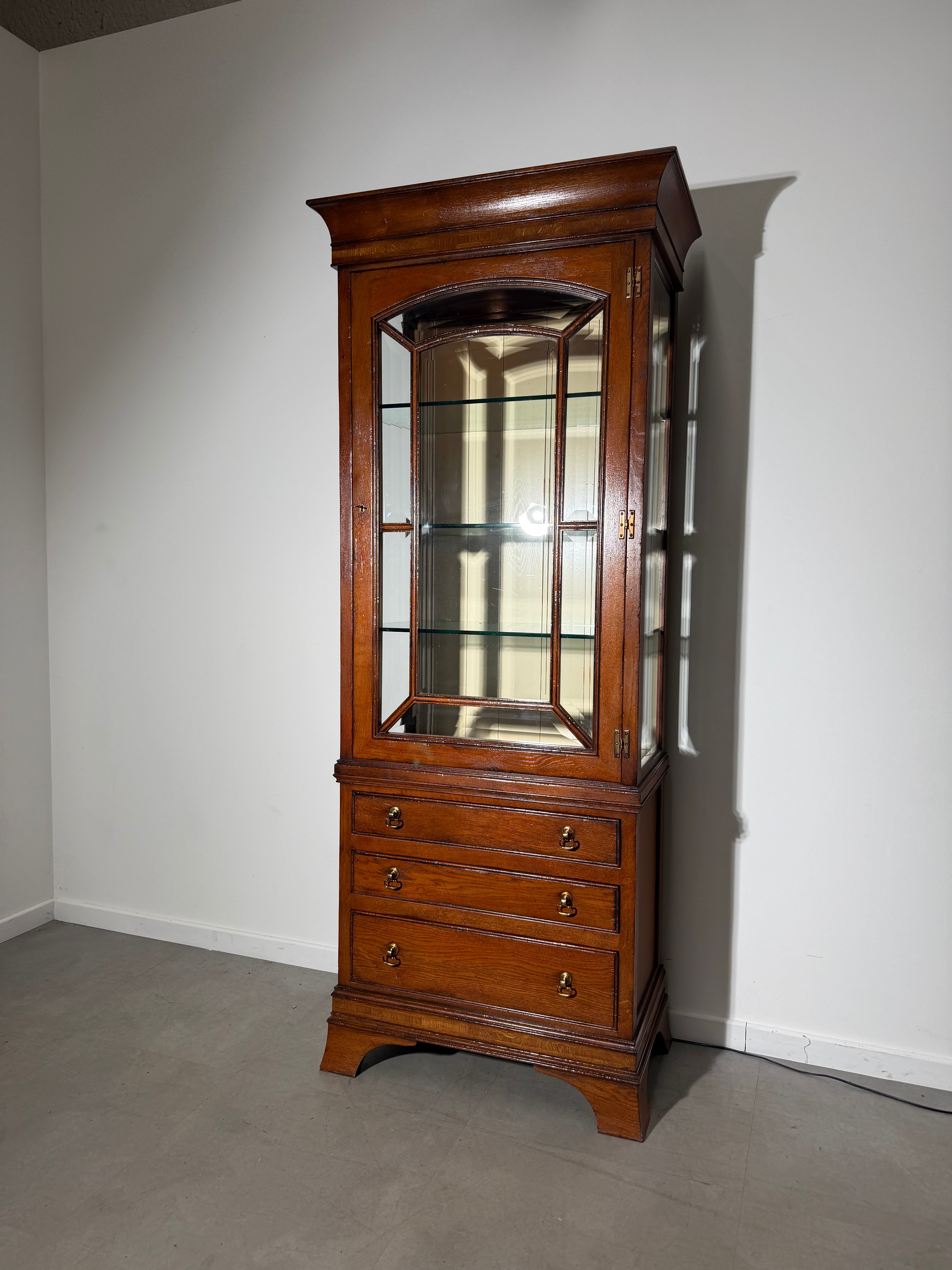 Antique Wooden Display Cabinet with Glass Doors & Lighting