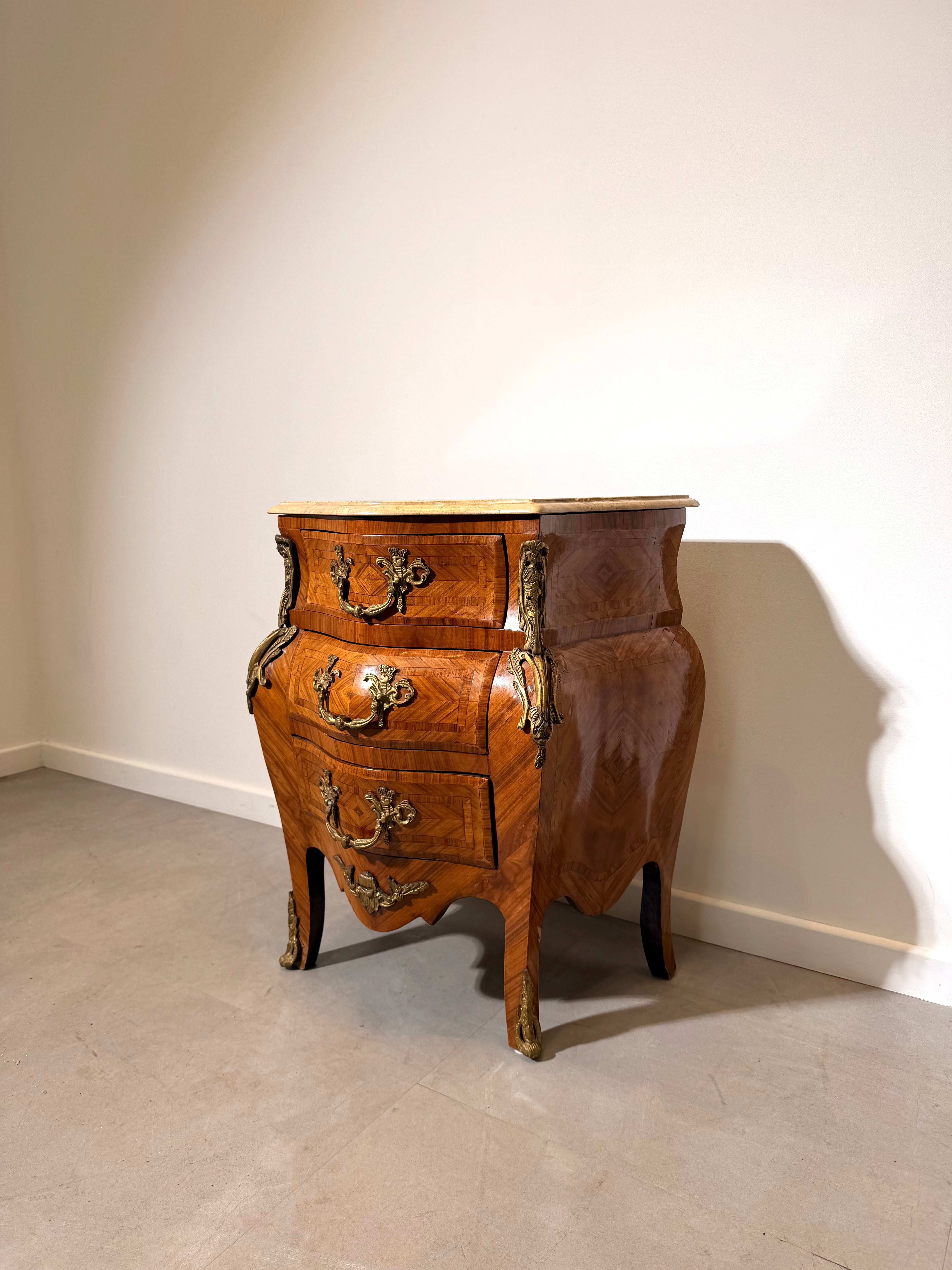 Antique French Marquetry Bombe Commode with Marble Top