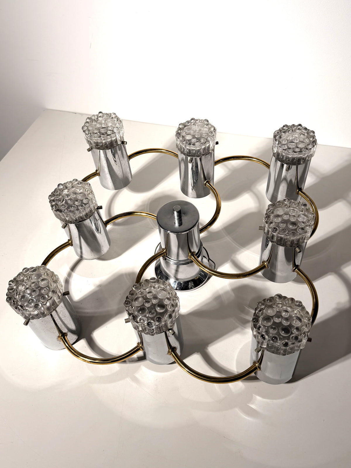 Vintage German Space Age 8-Light Chrome & Brass Chandelier – 1970s