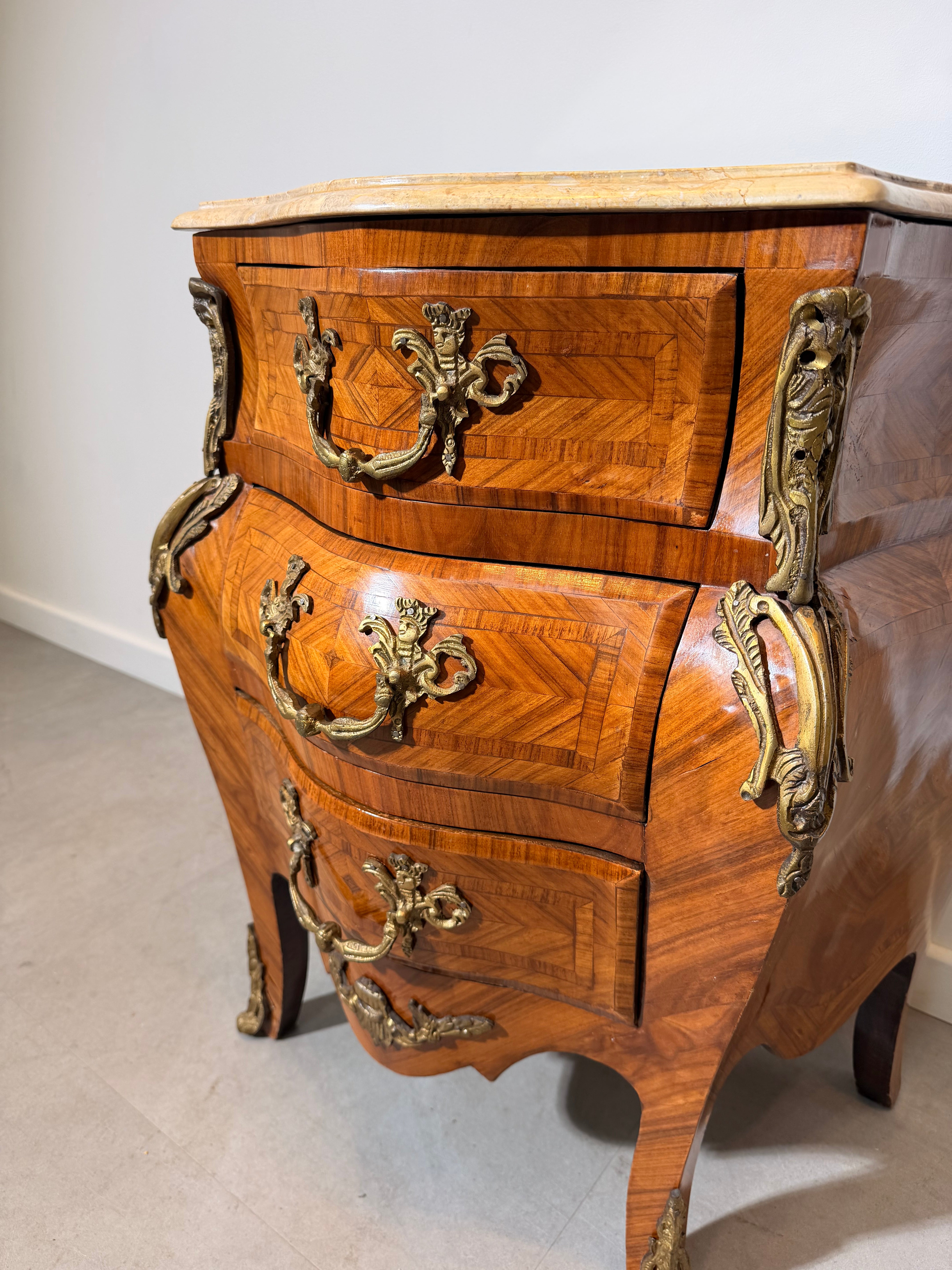 Antique French Marquetry Bombe Commode with Marble Top