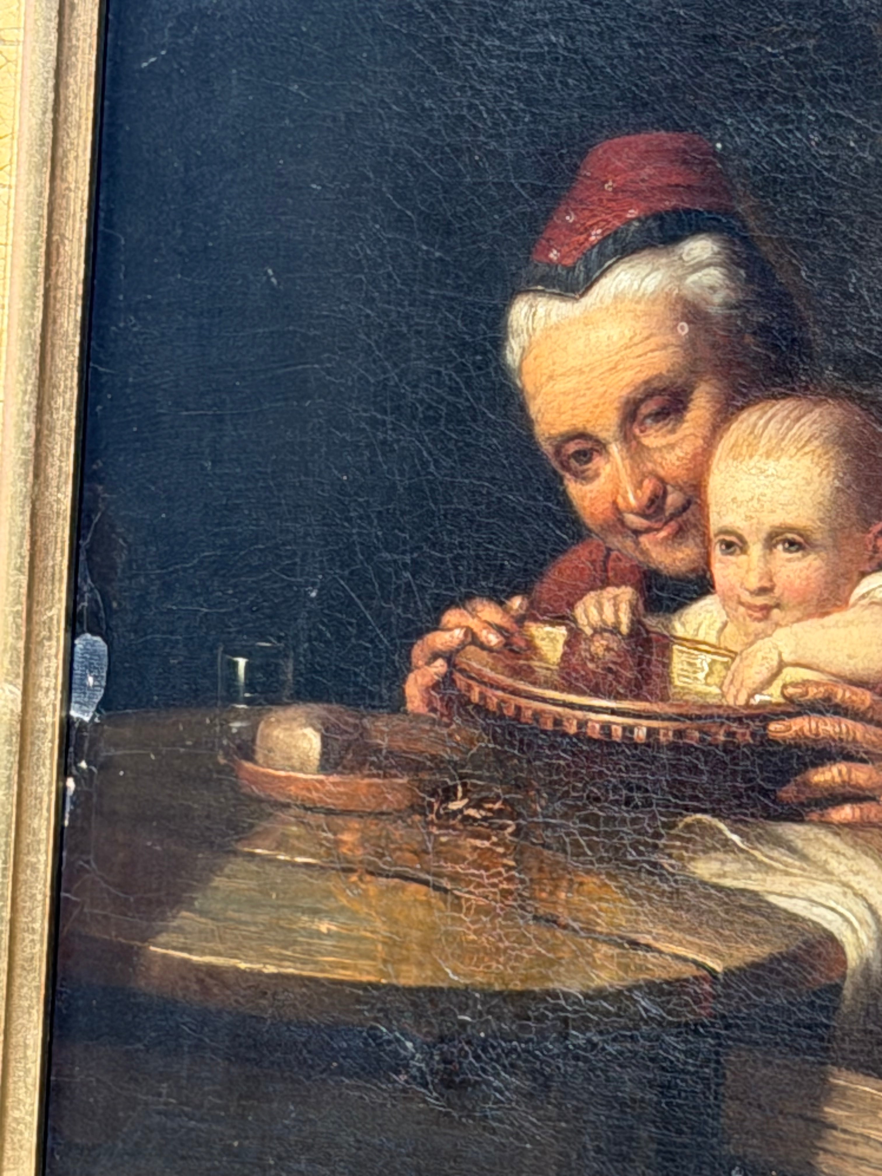 Antique 19th Century Genre Painting – Grandmother & Child – Oil on Canvas