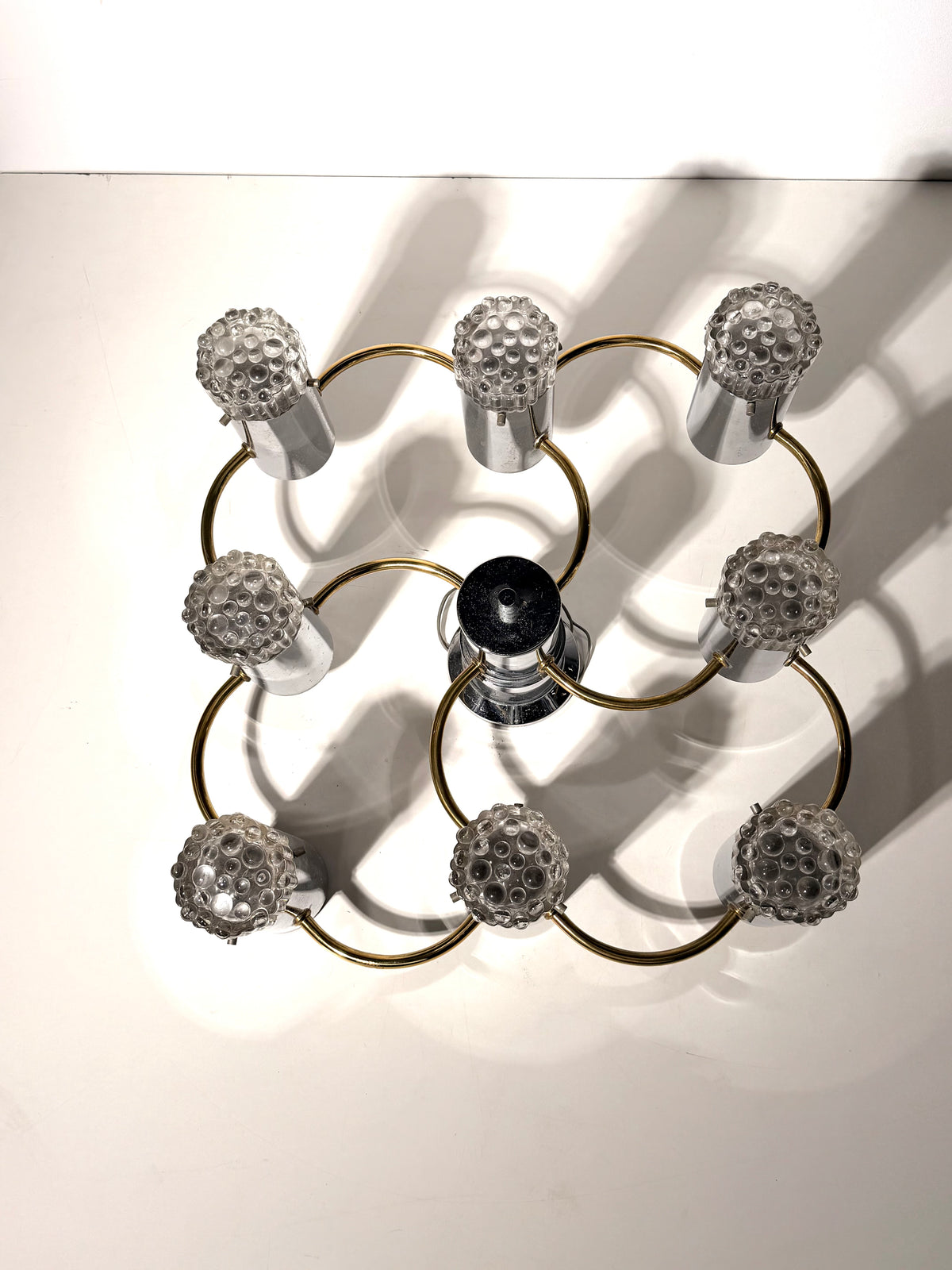 Vintage German Space Age 8-Light Chrome & Brass Chandelier – 1970s
