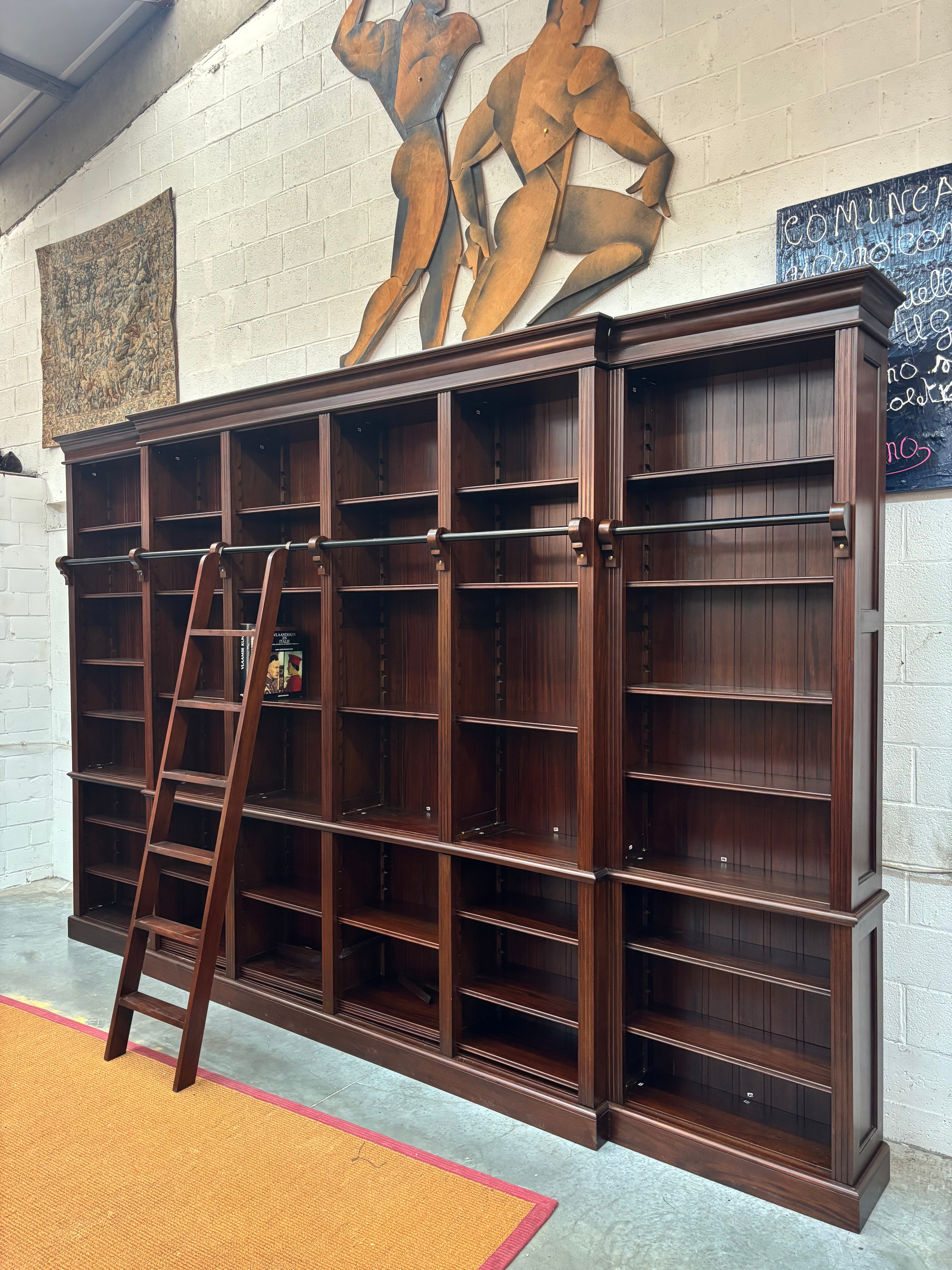 Large Mahogany Library Bookcase with Ladder – 420 x 270 cm