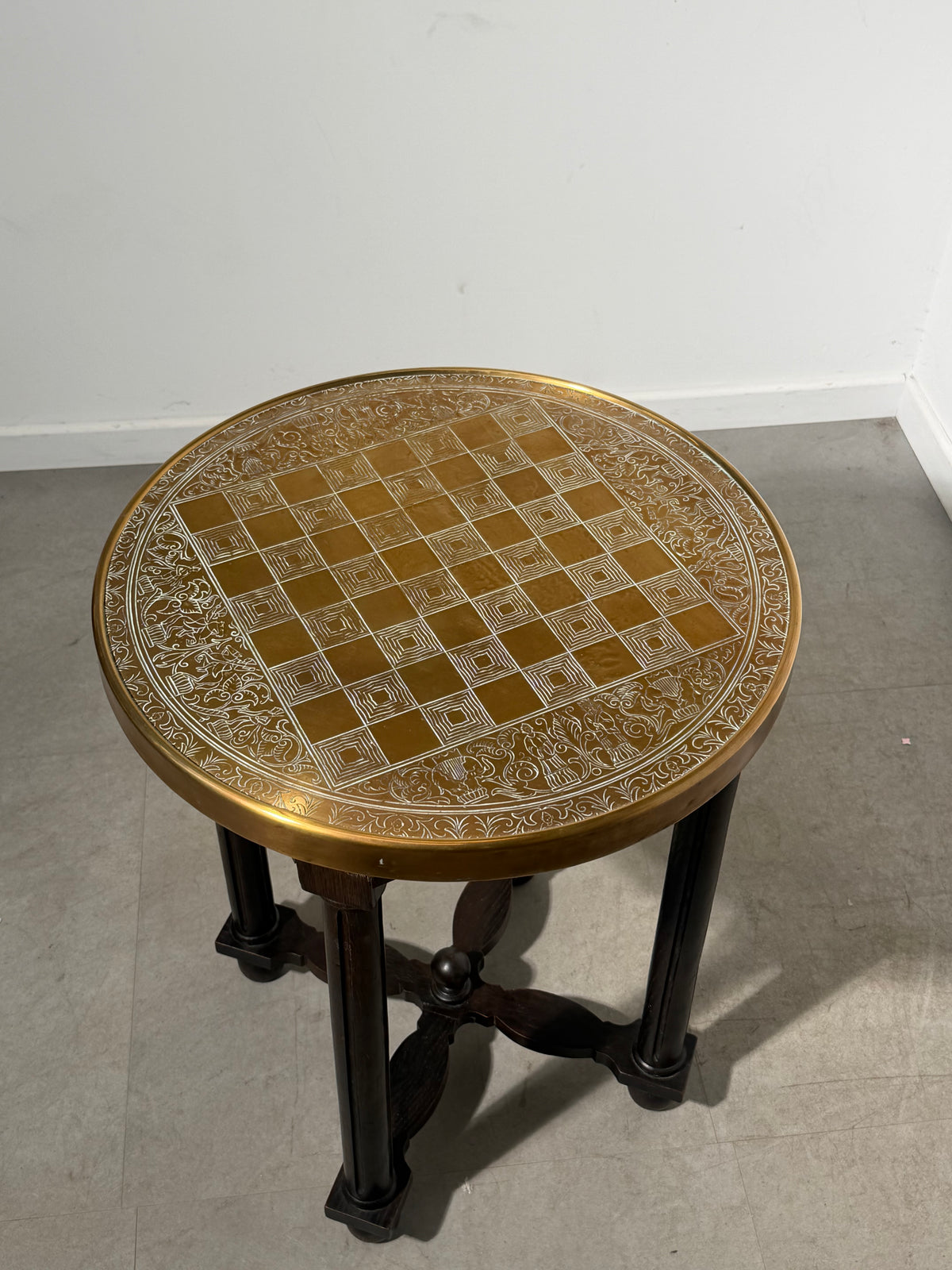 Round Chessboard Side Table with Decorative Copper Top