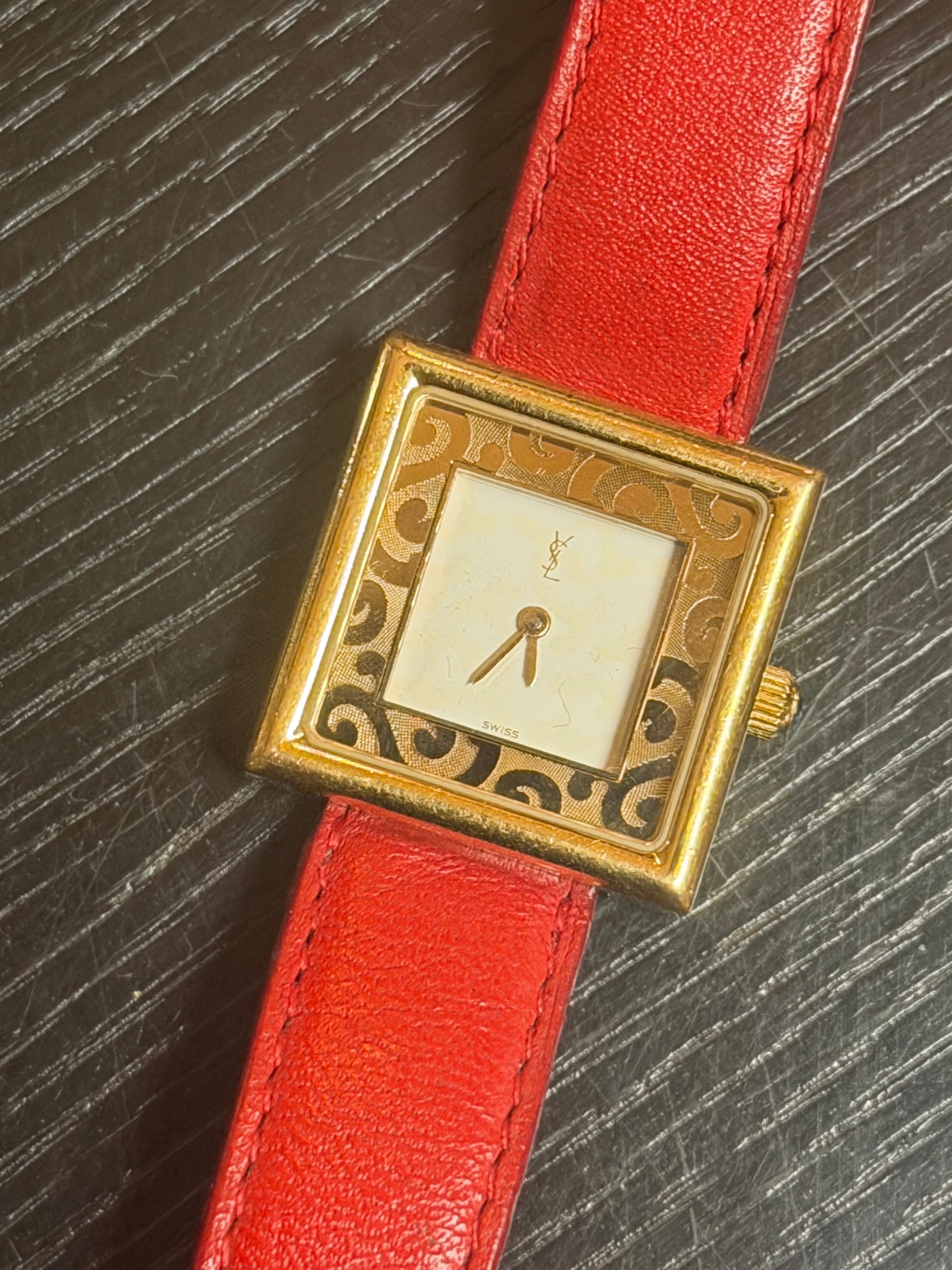Vintage Yves Saint Laurent Quartz Watch – Gold Tone Case, Red Leather Strap – Swiss Made