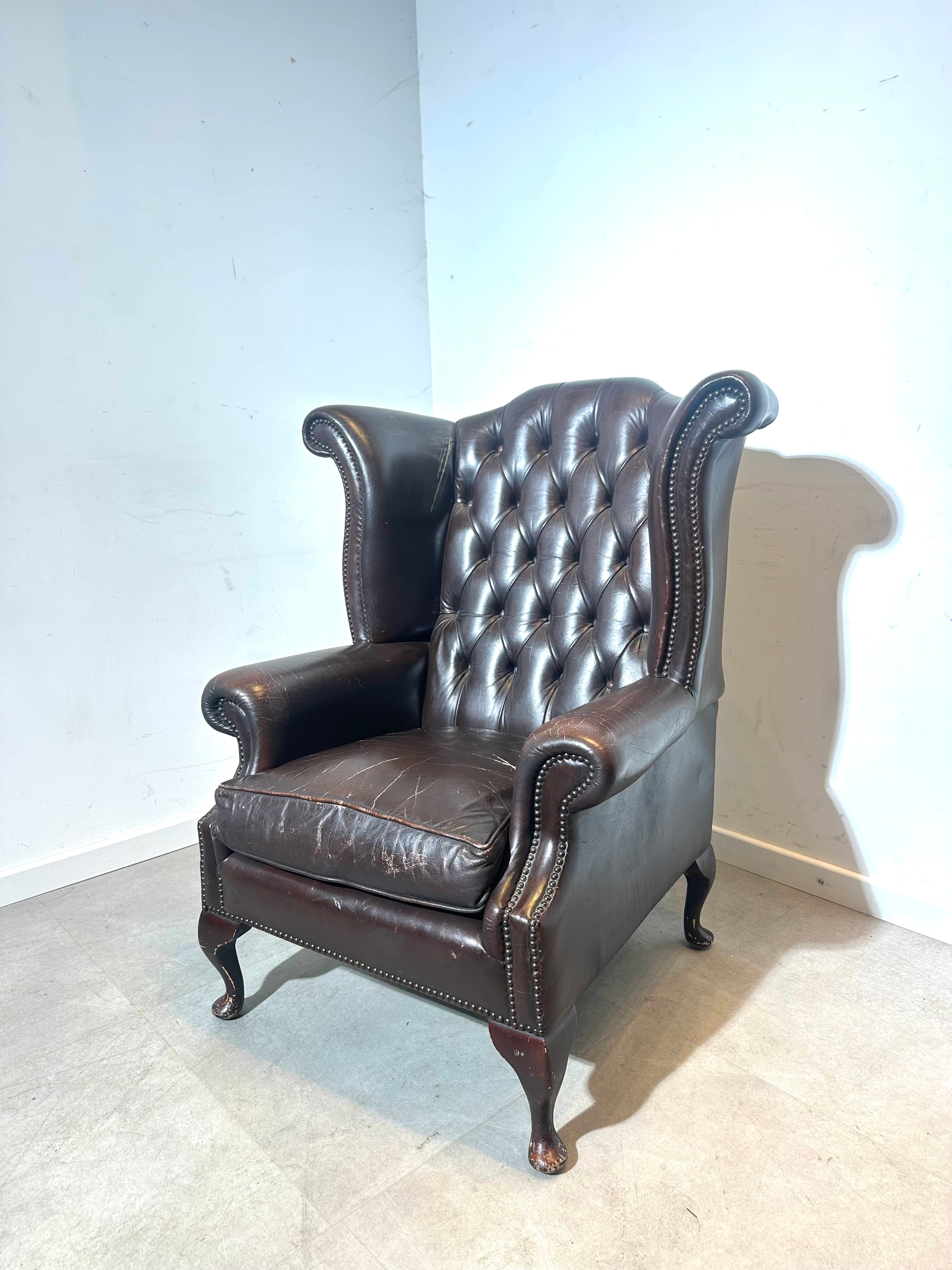 Vintage Brown Leather Wingback Armchair