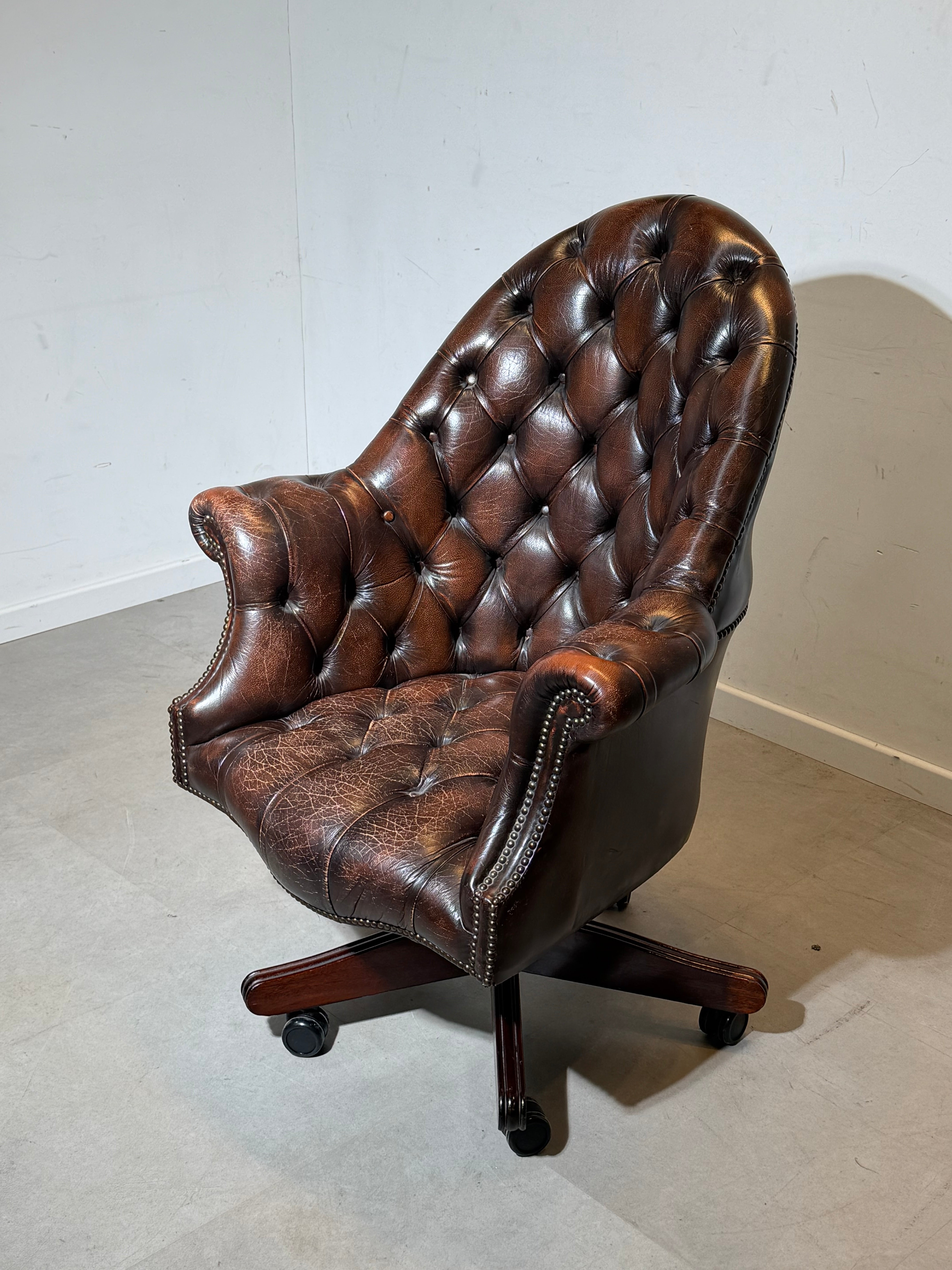 Chesterfield Directors Desk Chair in Brown Leather – Adjustable Height