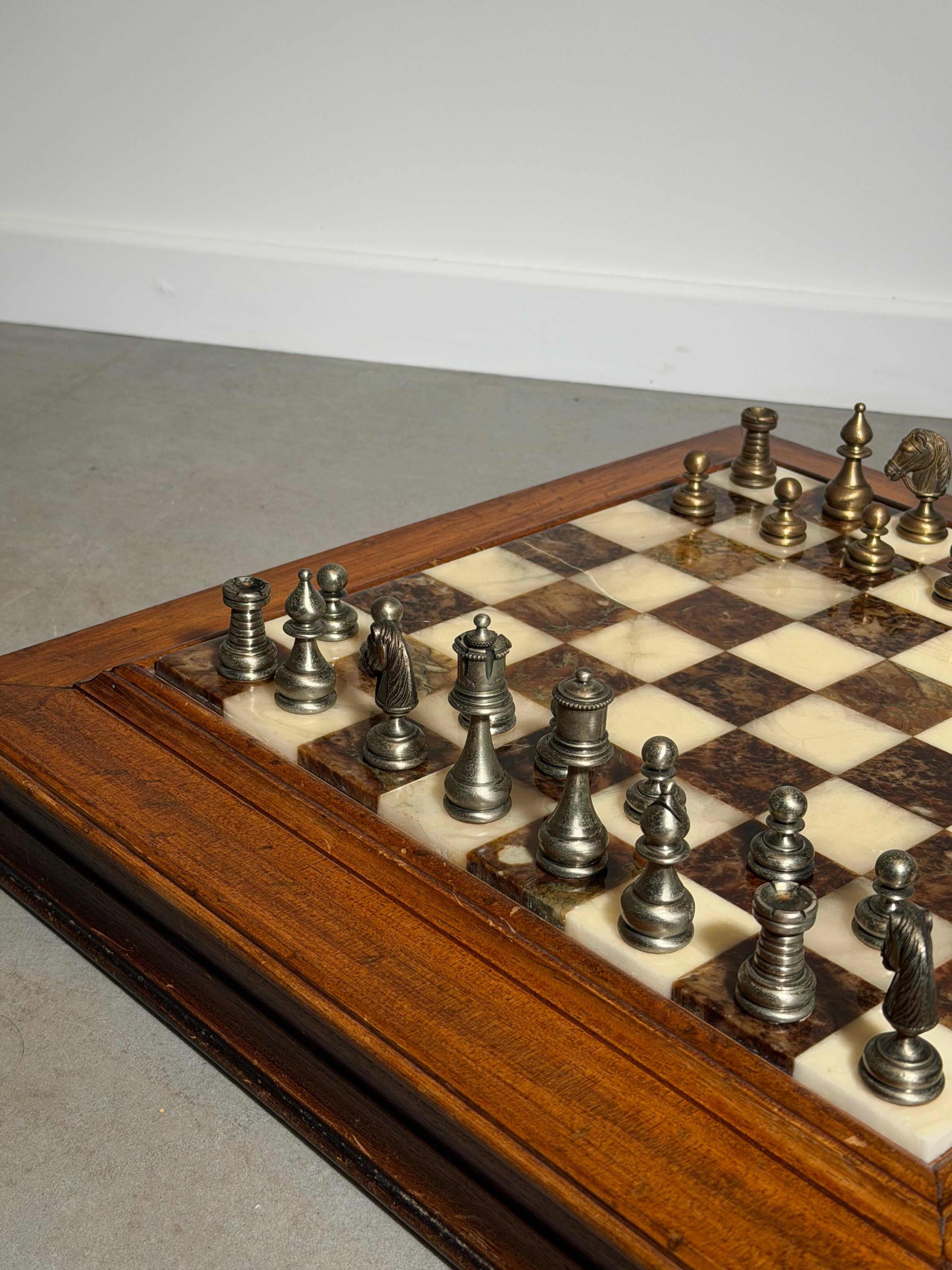 Vintage Marble Chess Set with Metal Pieces & Hidden Storage