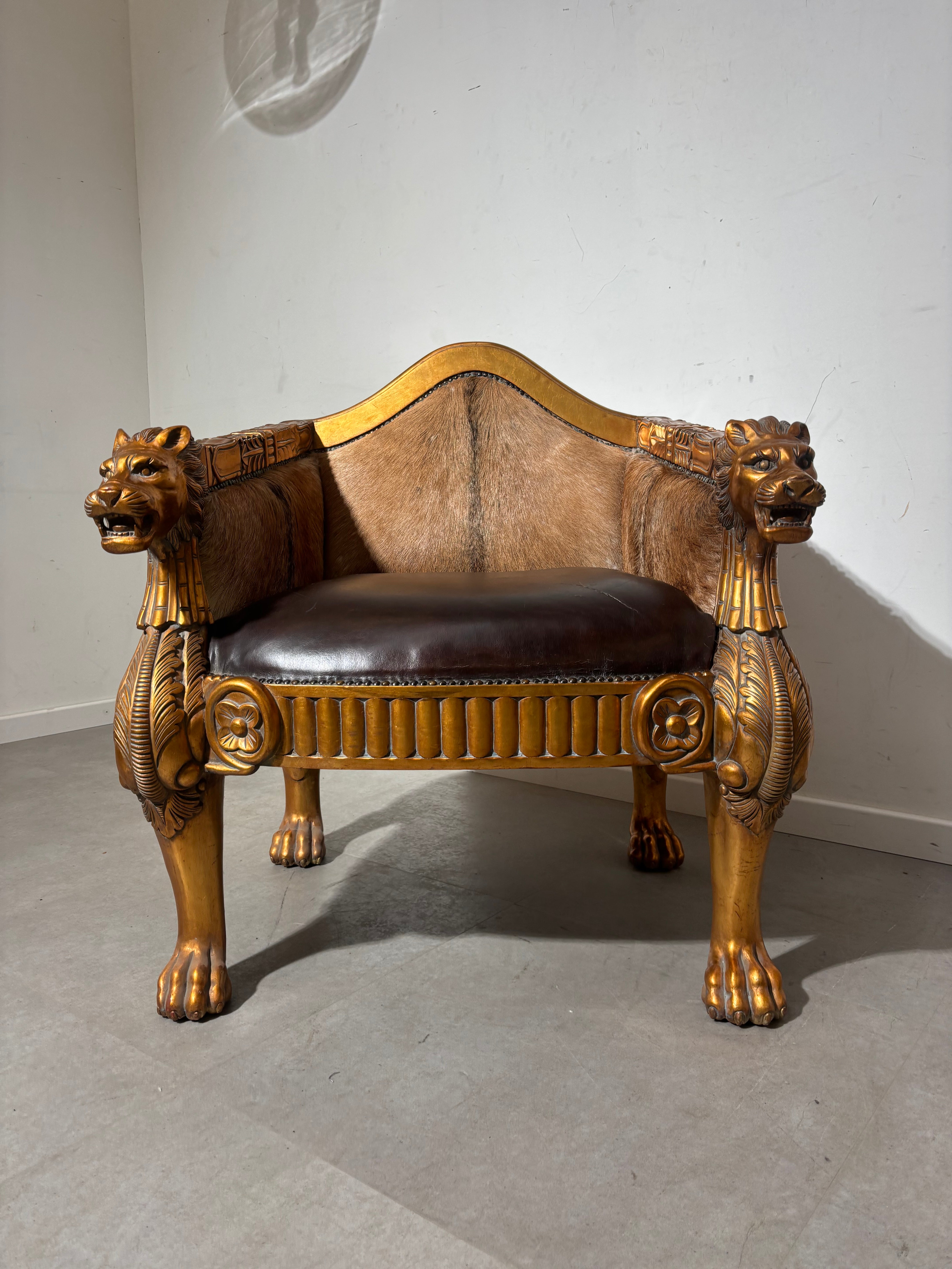 Regal Lion Throne Armchair – Cowhide & Gilded Detail