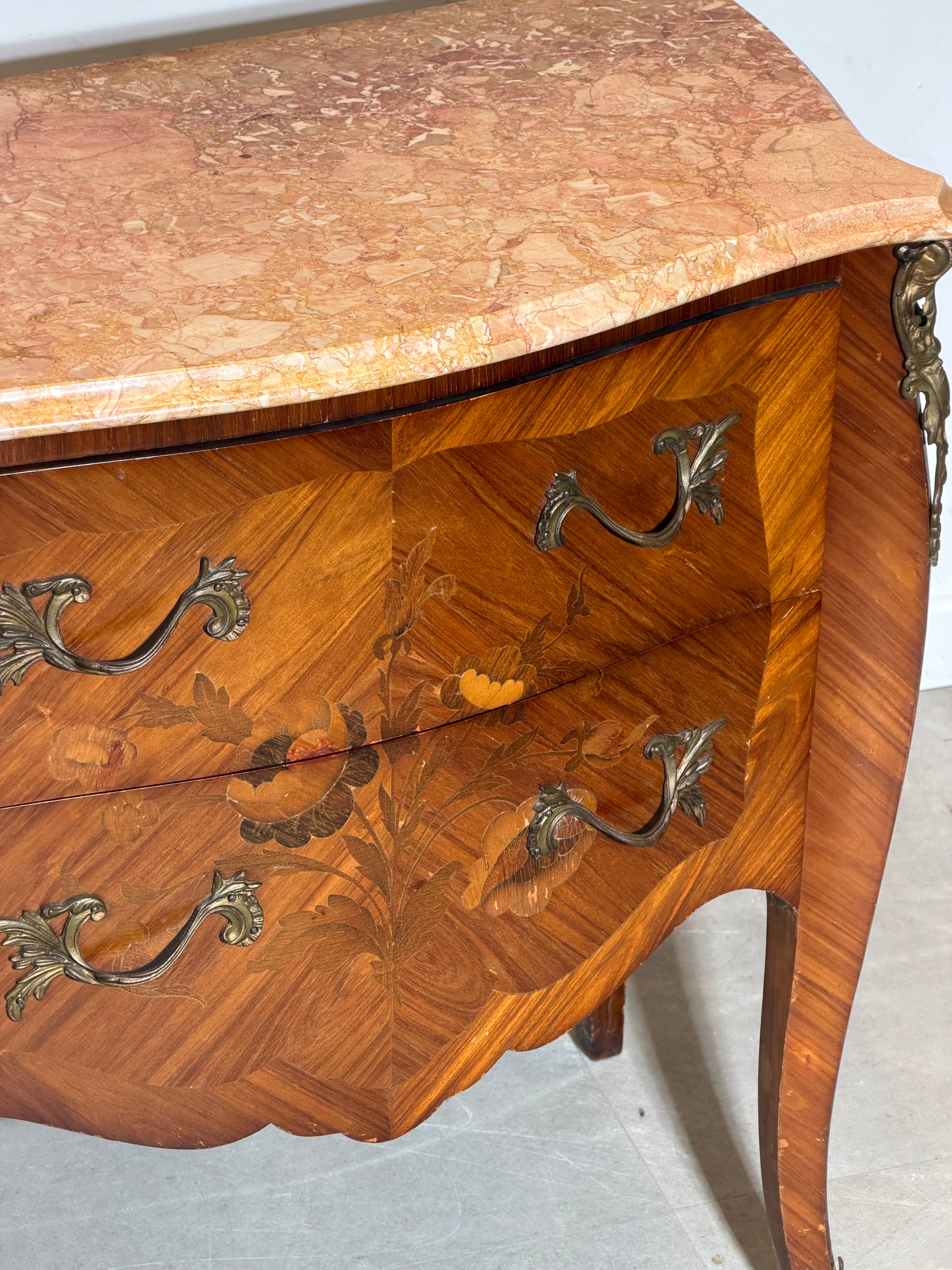 Antique French Marble Top Chest of Drawers – Floral Marquetry
