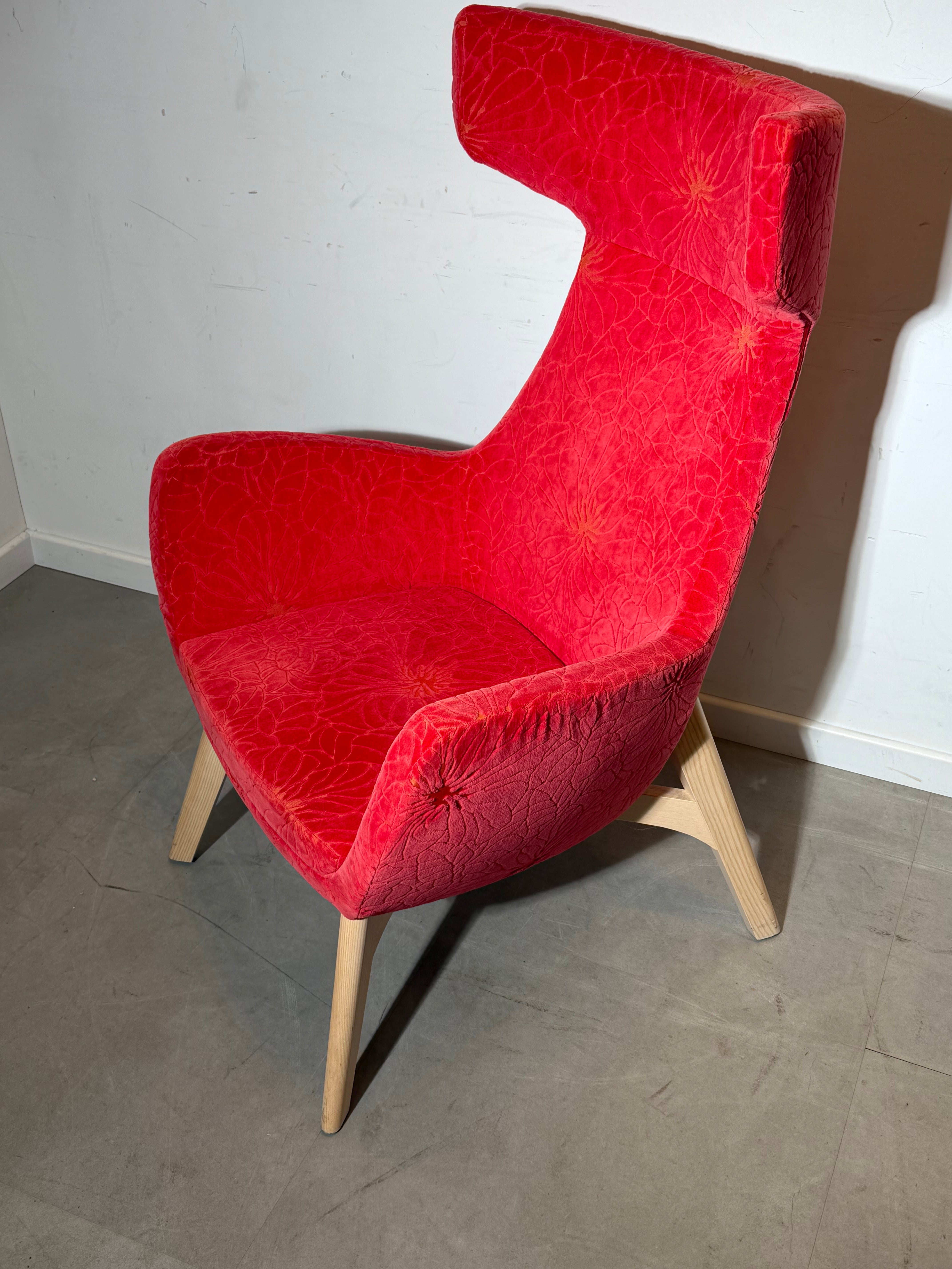High Back Accent Lounge Chair in Red Floral Velvet