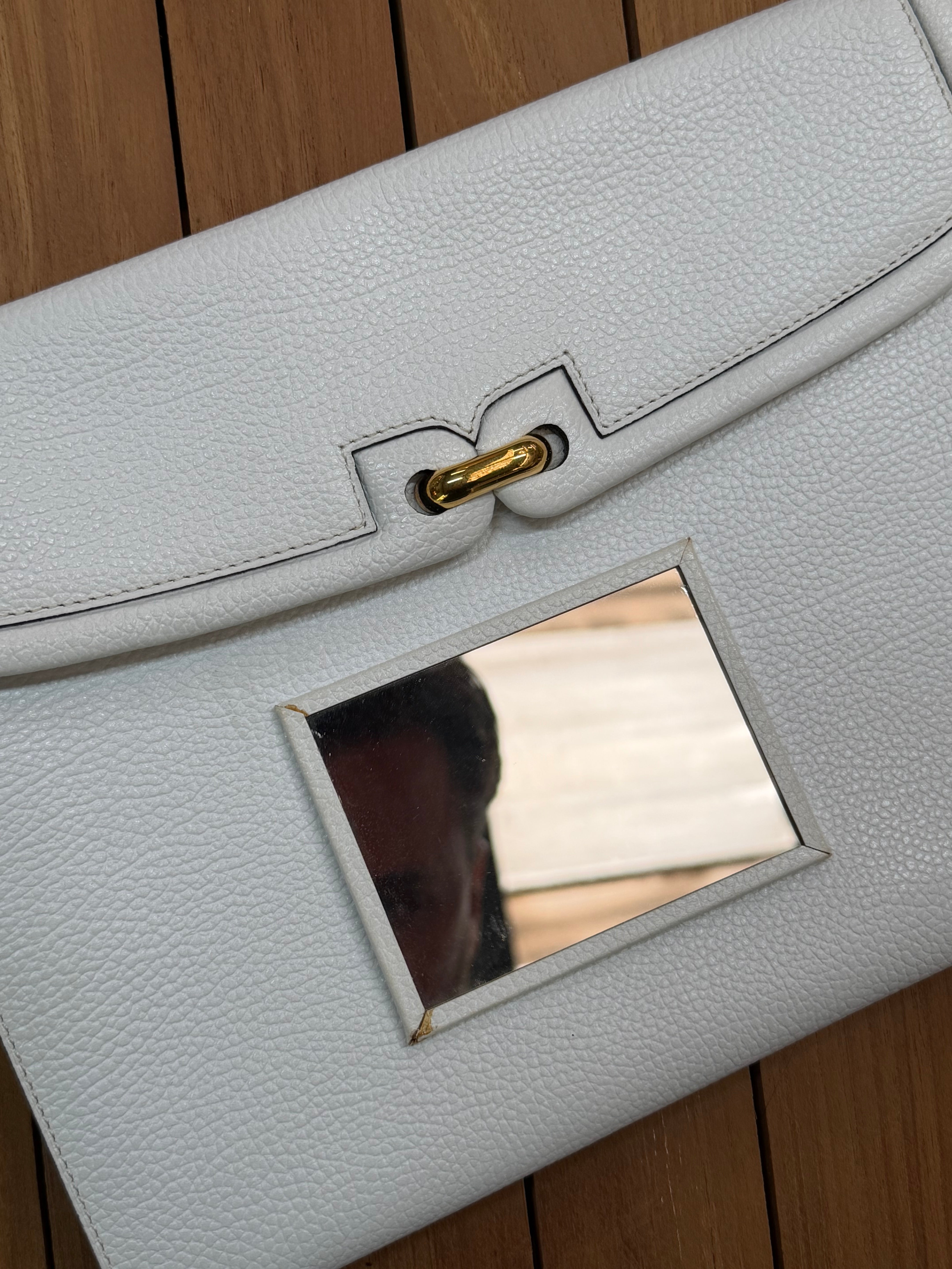 Vintage Delvaux White Leather Clutch Bag with Chain Strap