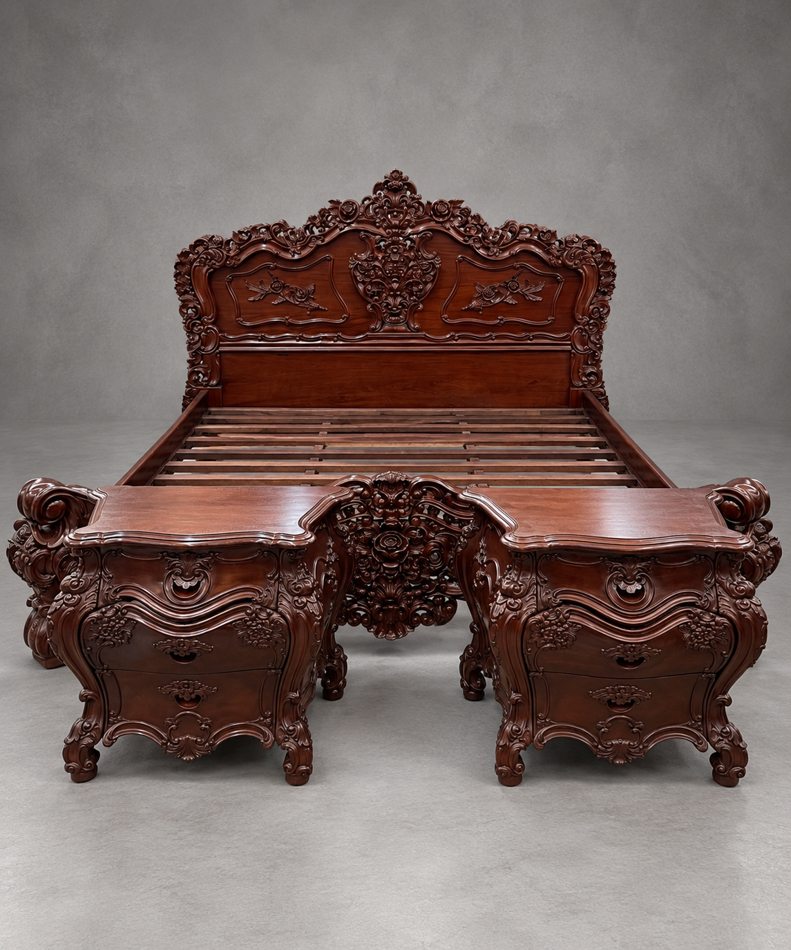 Ornately Carved Baroque Revival King Size Bed with Matching Nightstands