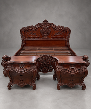 Ornately Carved Baroque Revival King Size Bed with Matching Nightstands