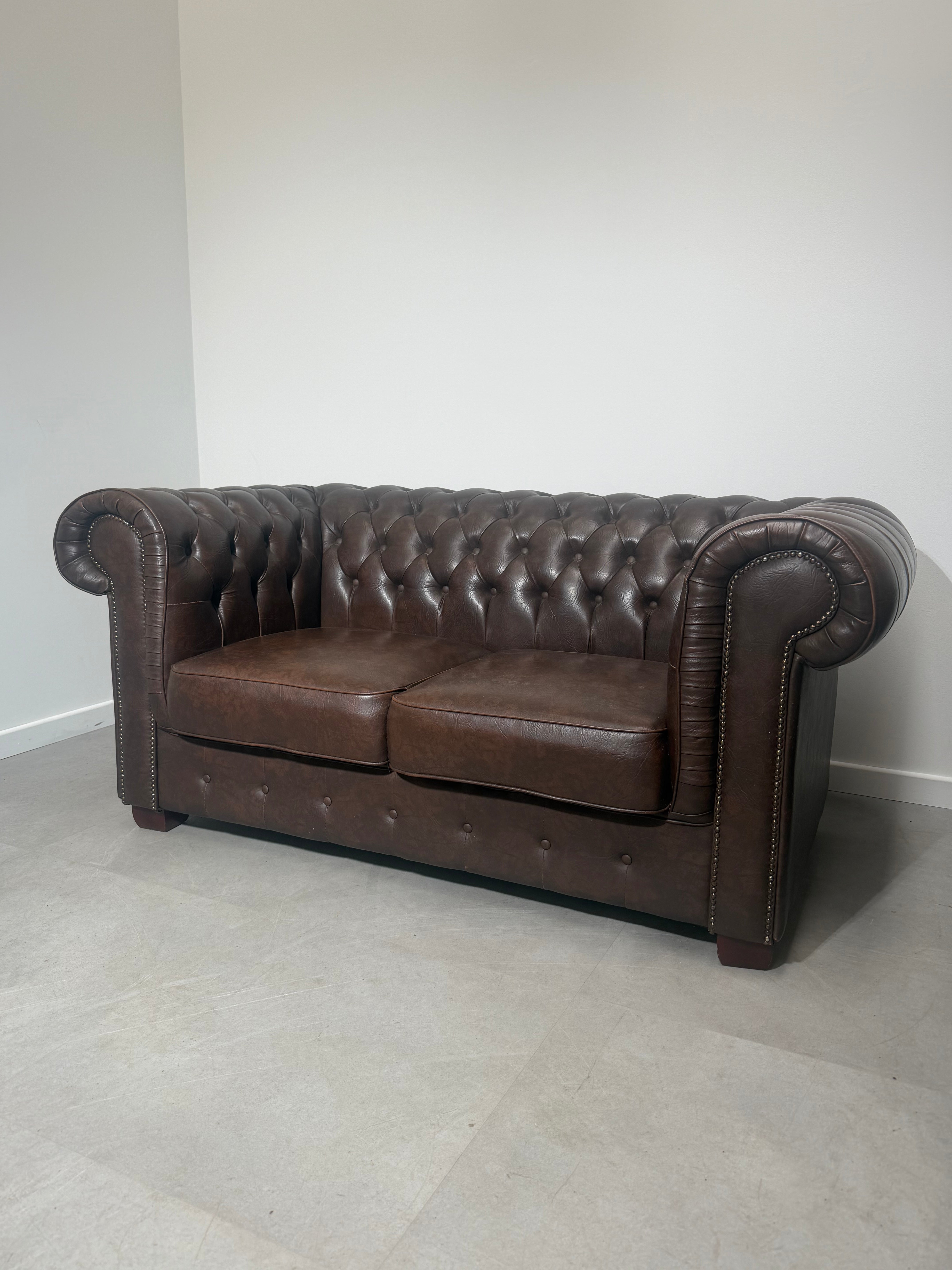 Vintage Chesterfield Two-Seater Sofa – Tobacco Brown Faux Leather