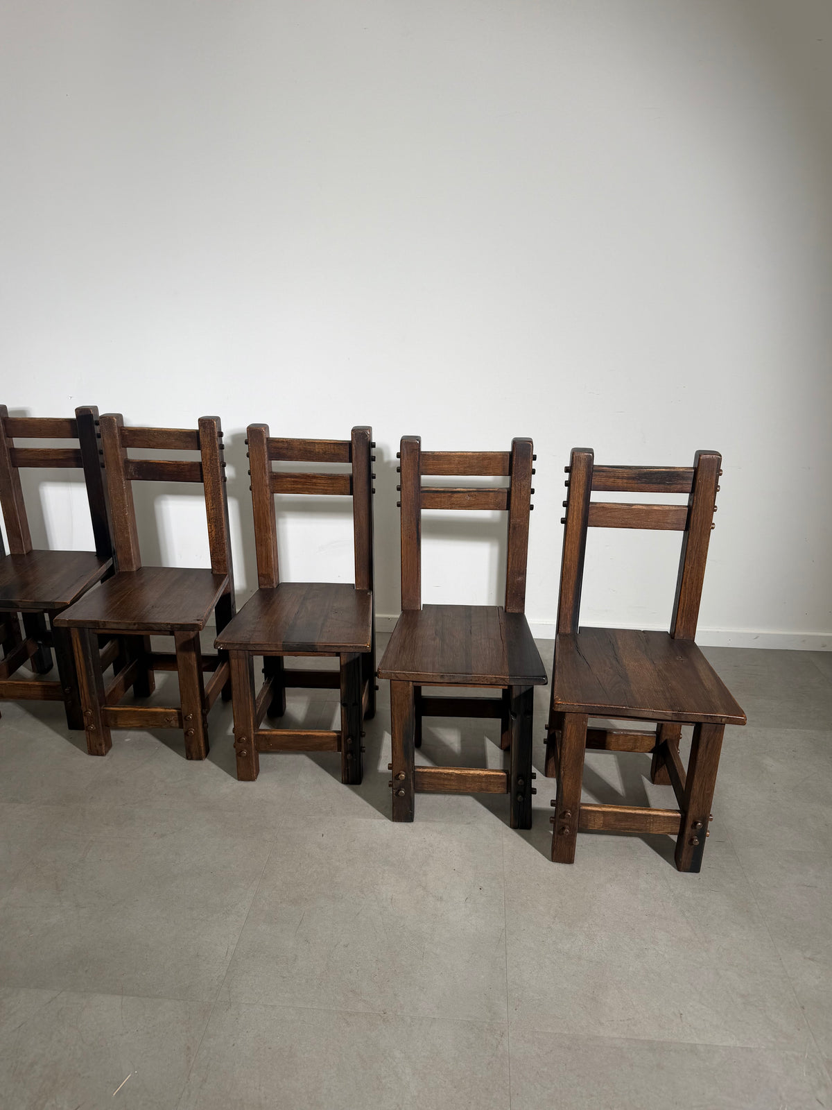 Set of Six Brutalist Solid Wood Dining Chairs
