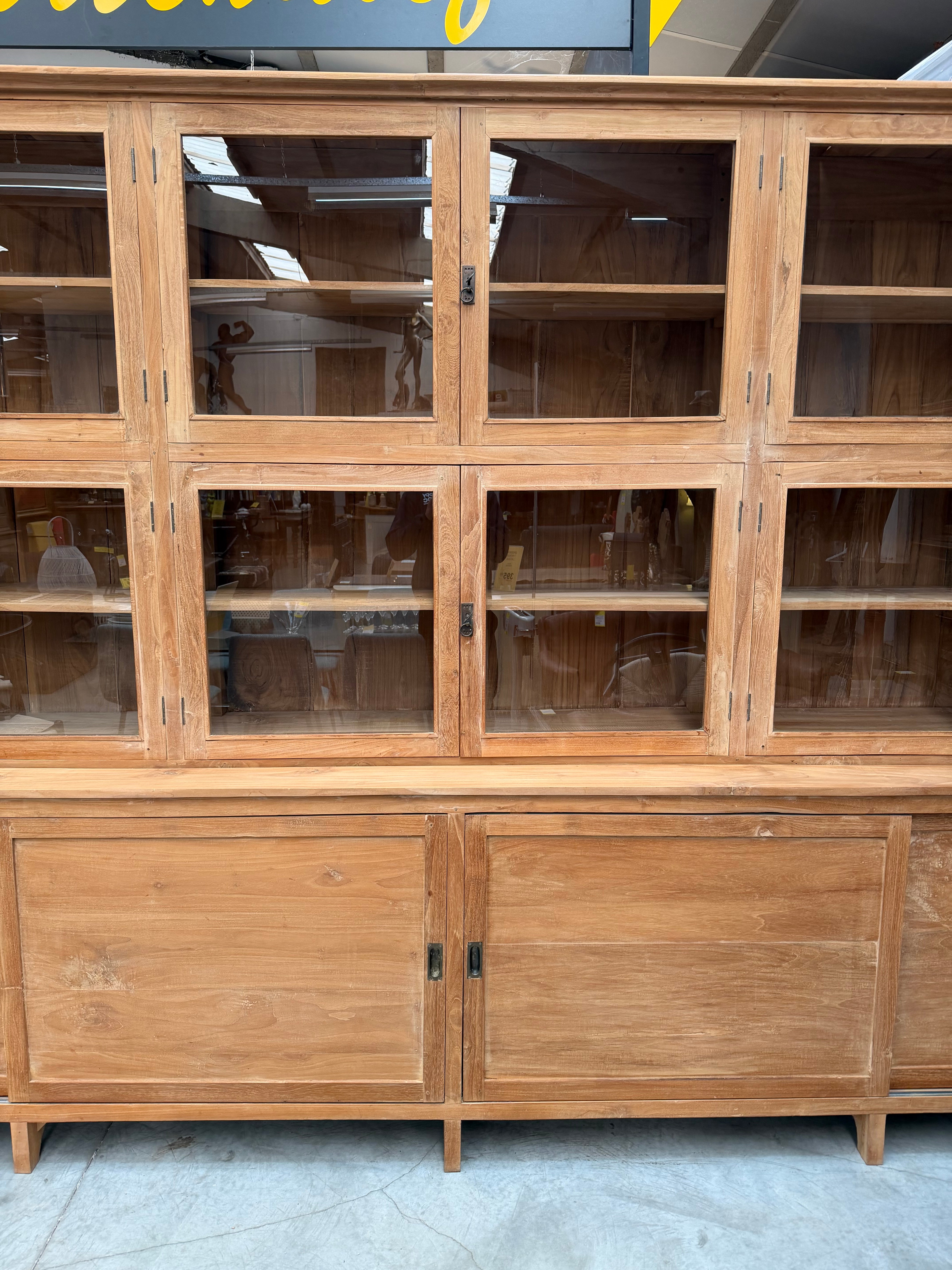 XL Massive Teakwood Display Cabinet – 405 cm – Two-Piece Library Cabinet – Glass Doors