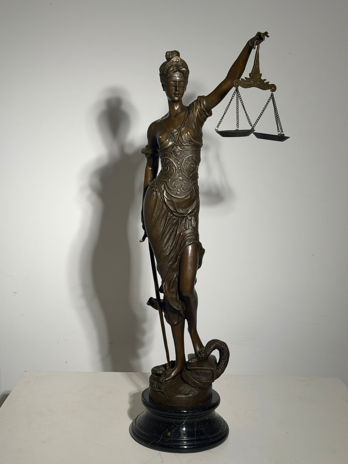 Large Bronze Lady Justice Statue on Marble Base – Signed “Mayer” – 100 cm