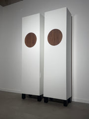 Pair of Contemporary White Wardrobes with Walnut Circular Detail