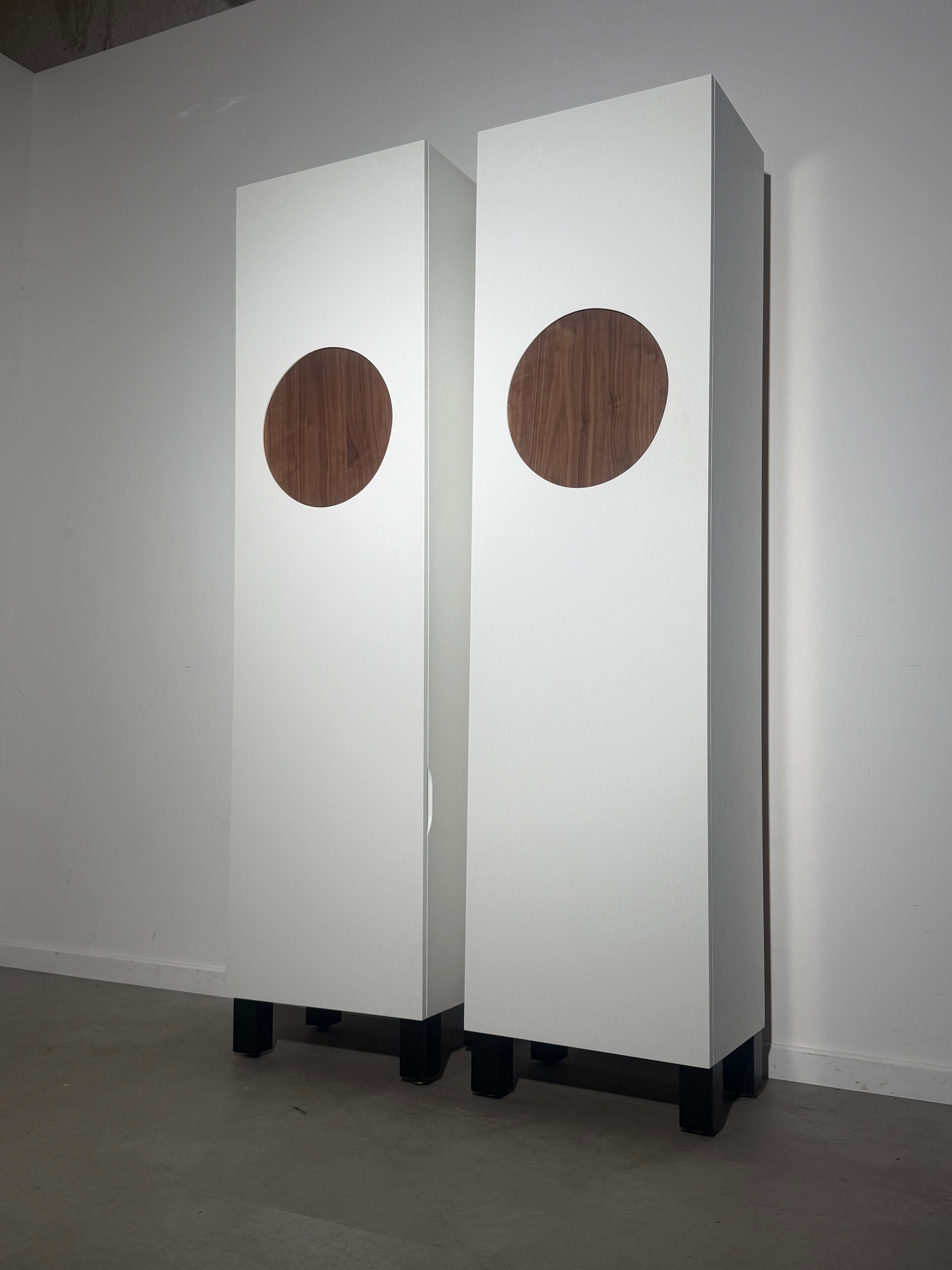 Pair of Contemporary White Wardrobes with Walnut Circular Detail
