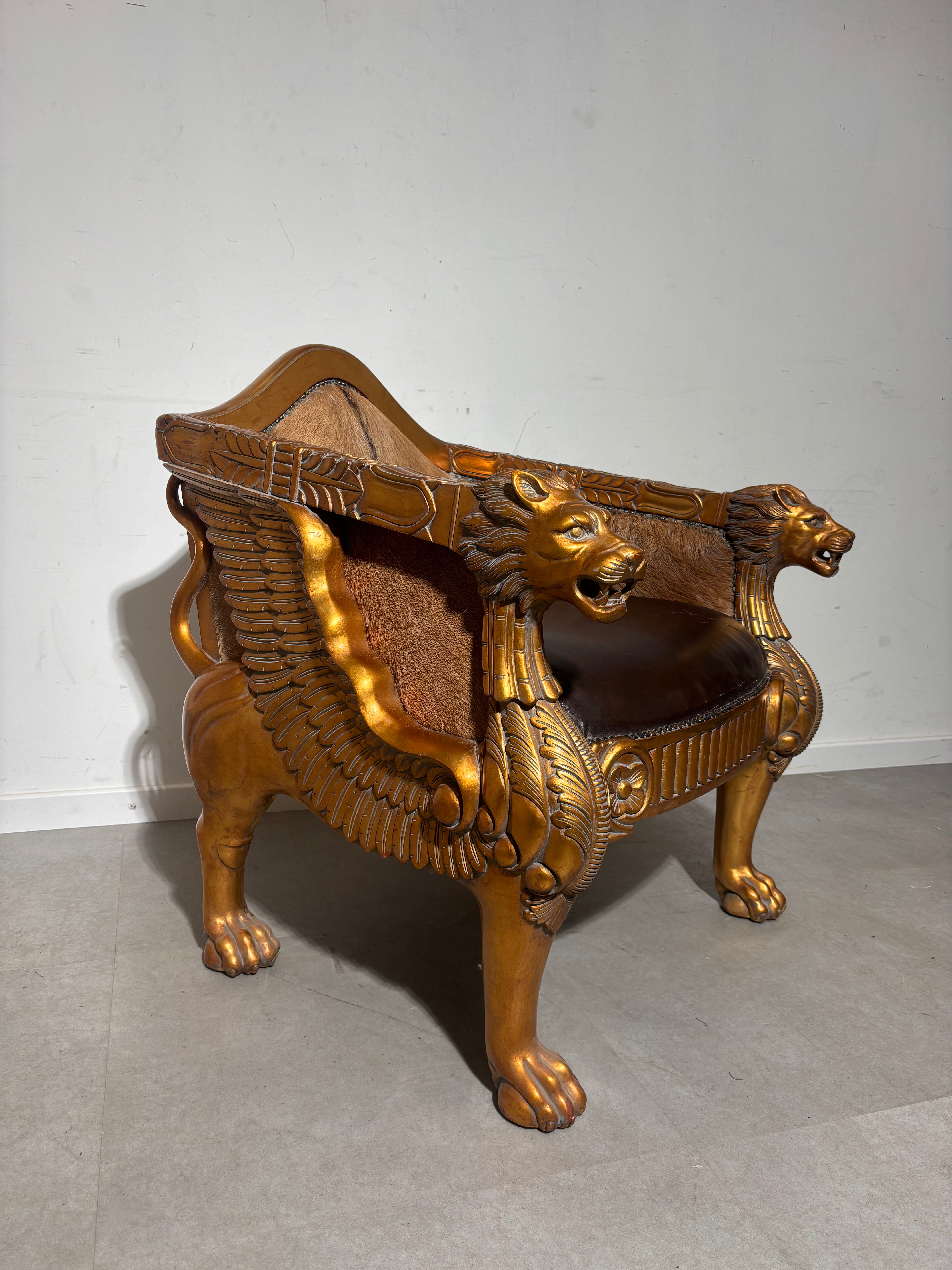 Regal Lion Throne Armchair – Cowhide & Gilded Detail