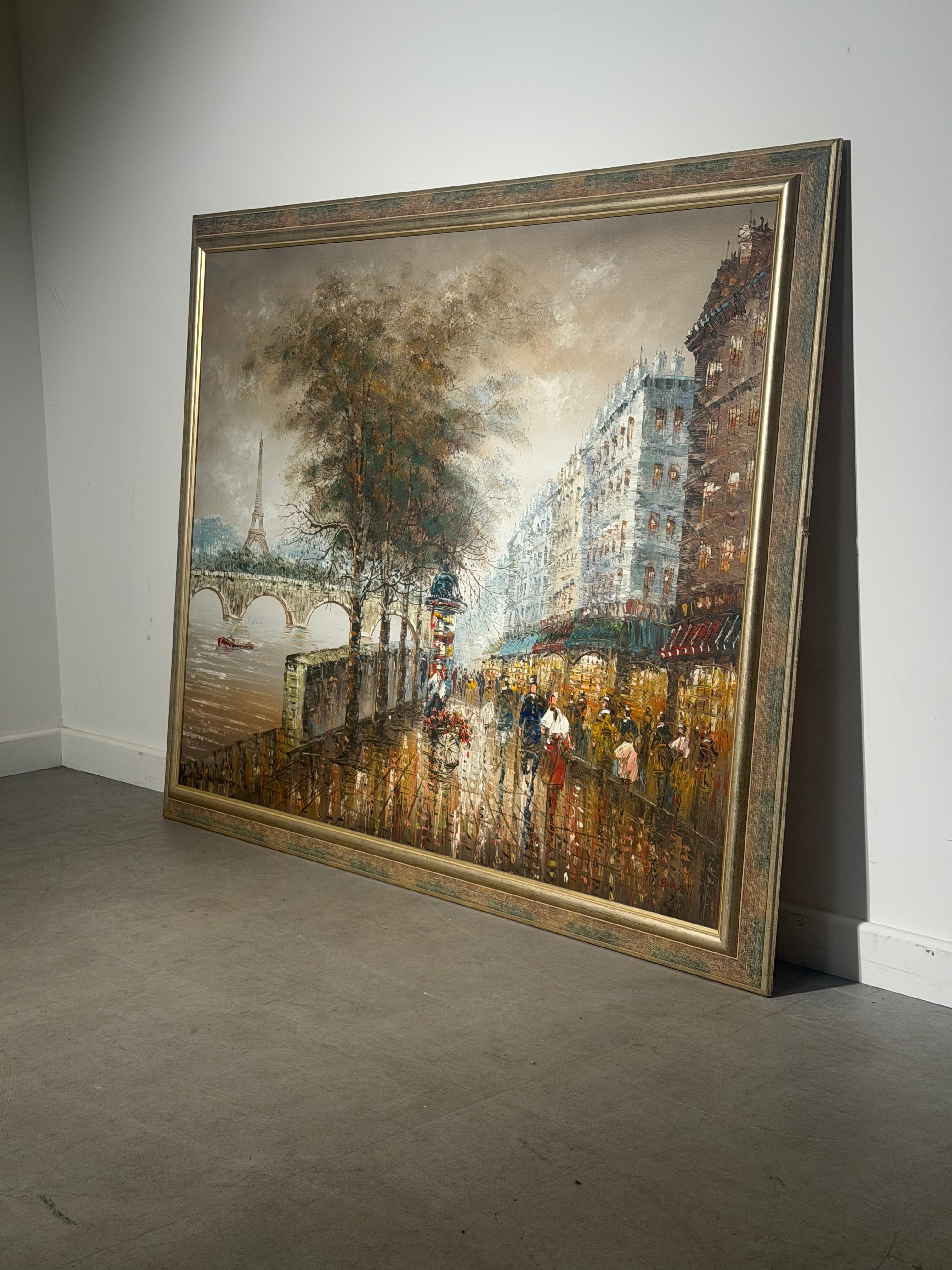 Large Paris Street Scene Oil Painting – Signed Burnett