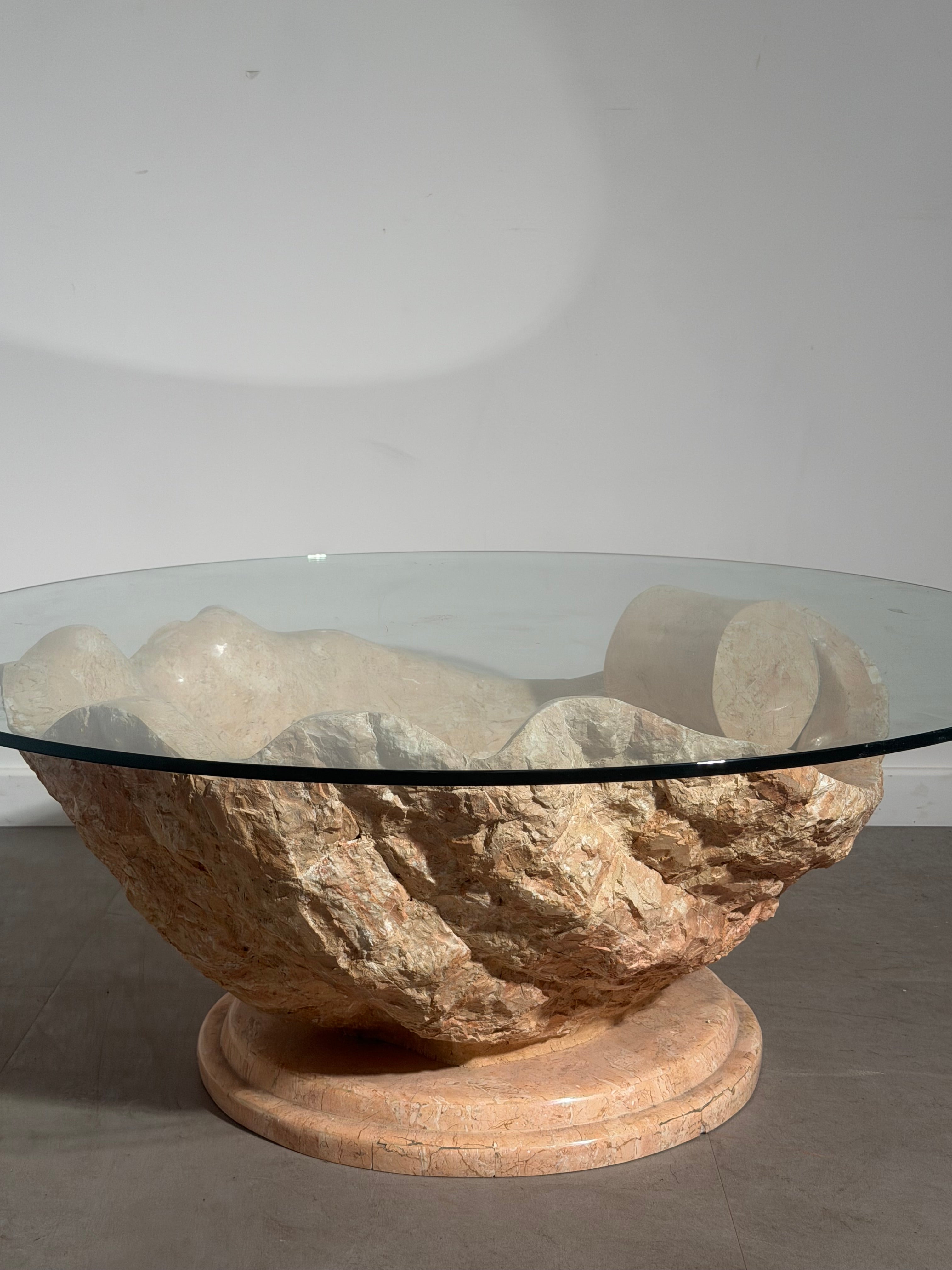 Sculptural Mactan Stone Coffee Table with Glass Top