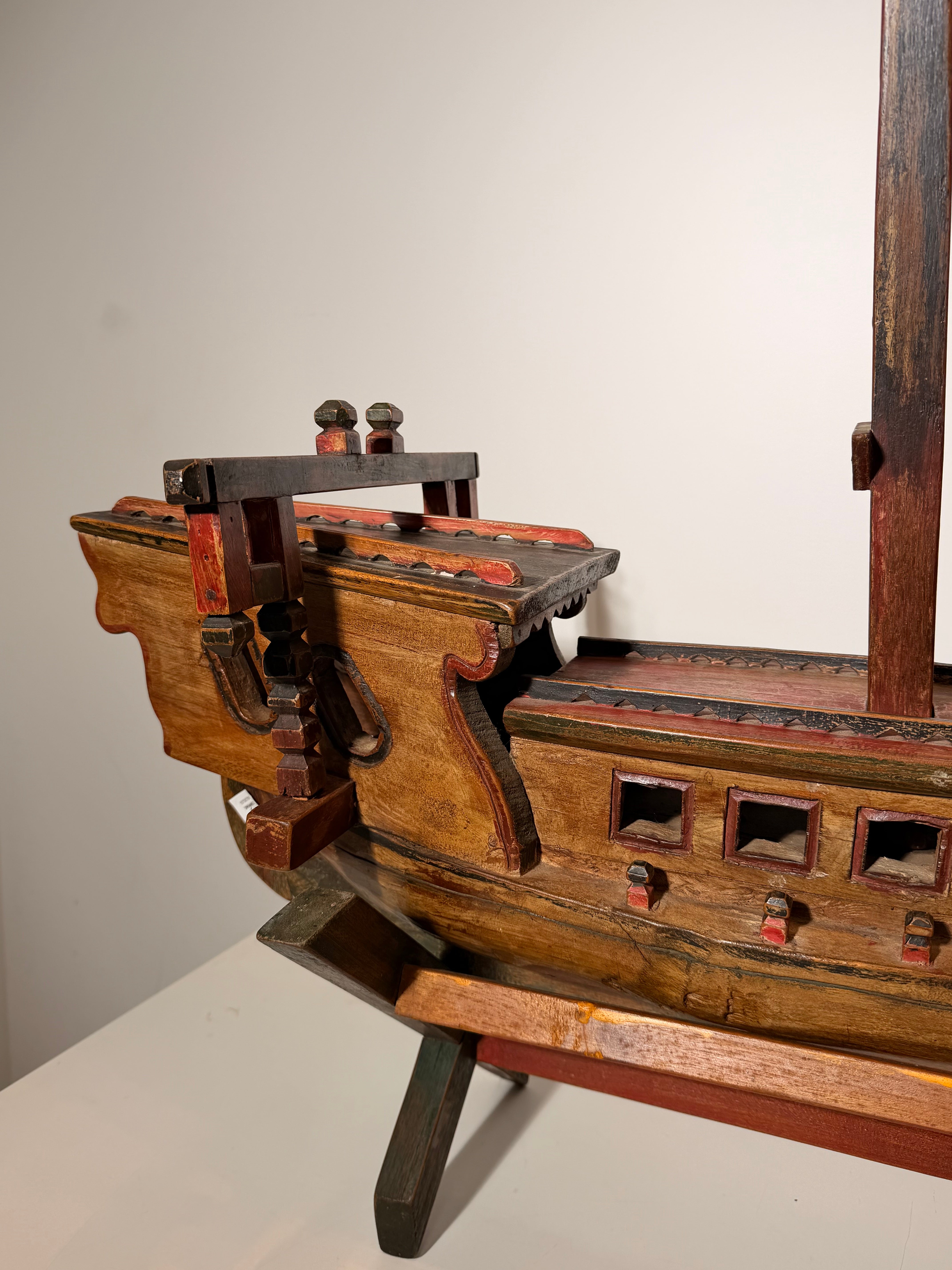Antique Hand-Carved Wooden Fishing Boat Sculpture on Stand