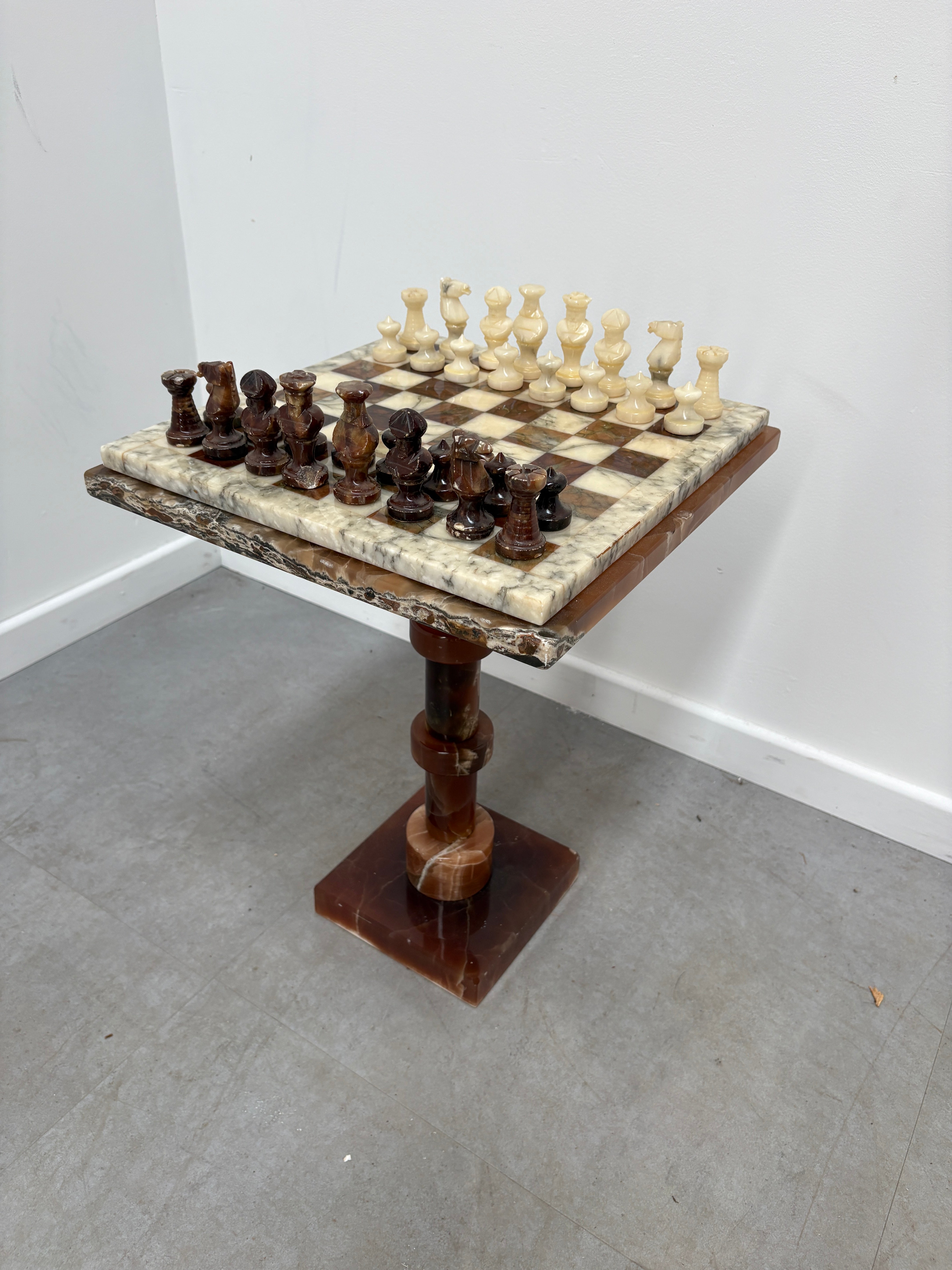 Vintage Marble Chess Set on Marble Pedestal Stand