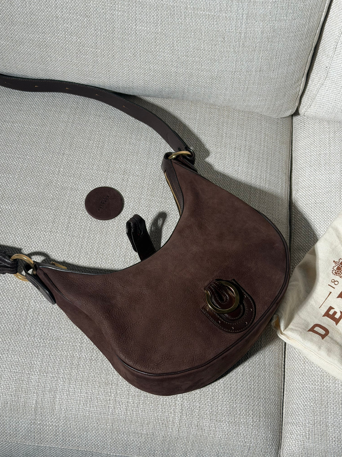 Delvaux Camille PM Shoulder Bag in Brown Suede – With Dust Bag & Mirror