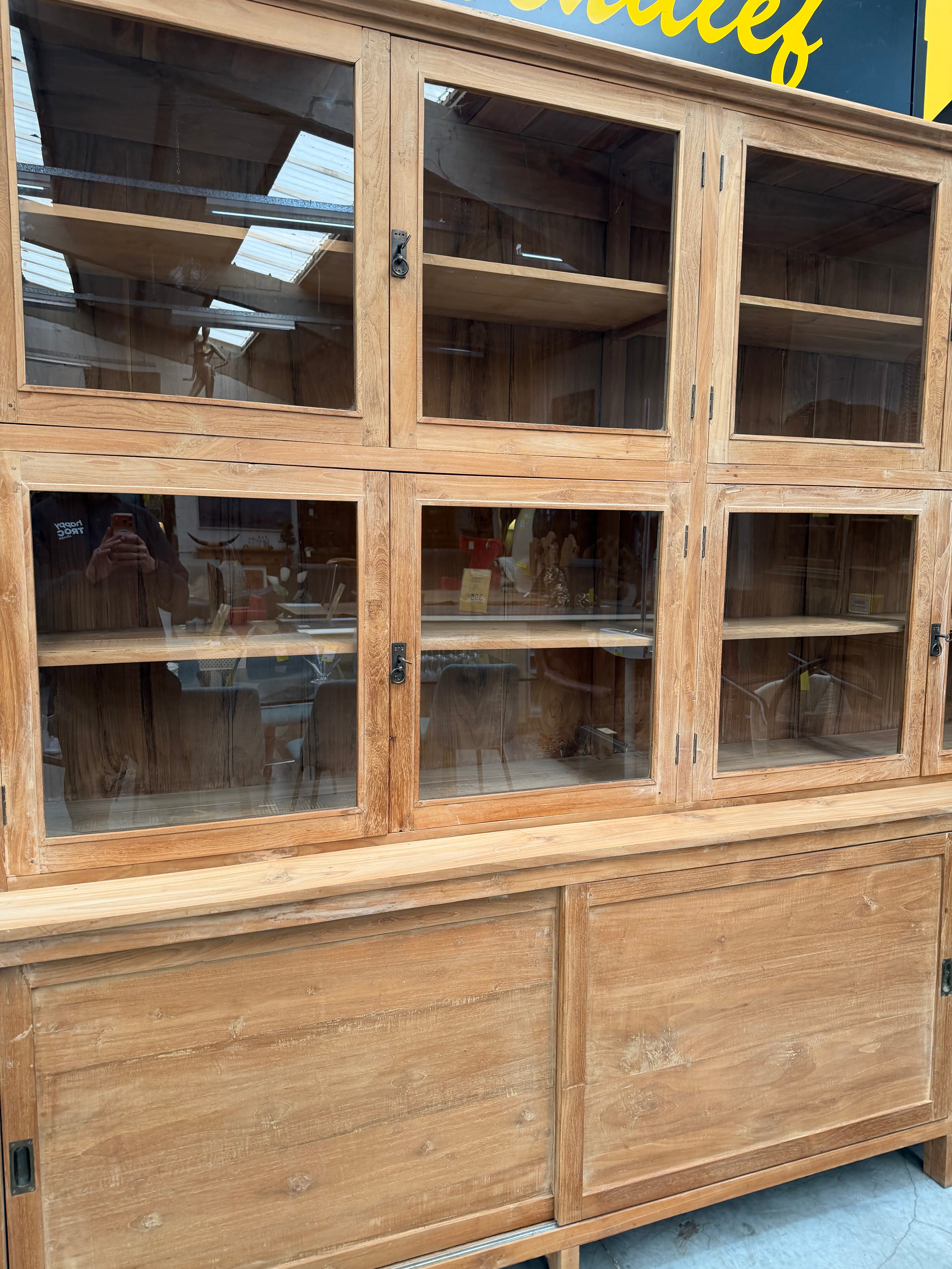 XL Massive Teakwood Display Cabinet – 405 cm – Two-Piece Library Cabinet – Glass Doors