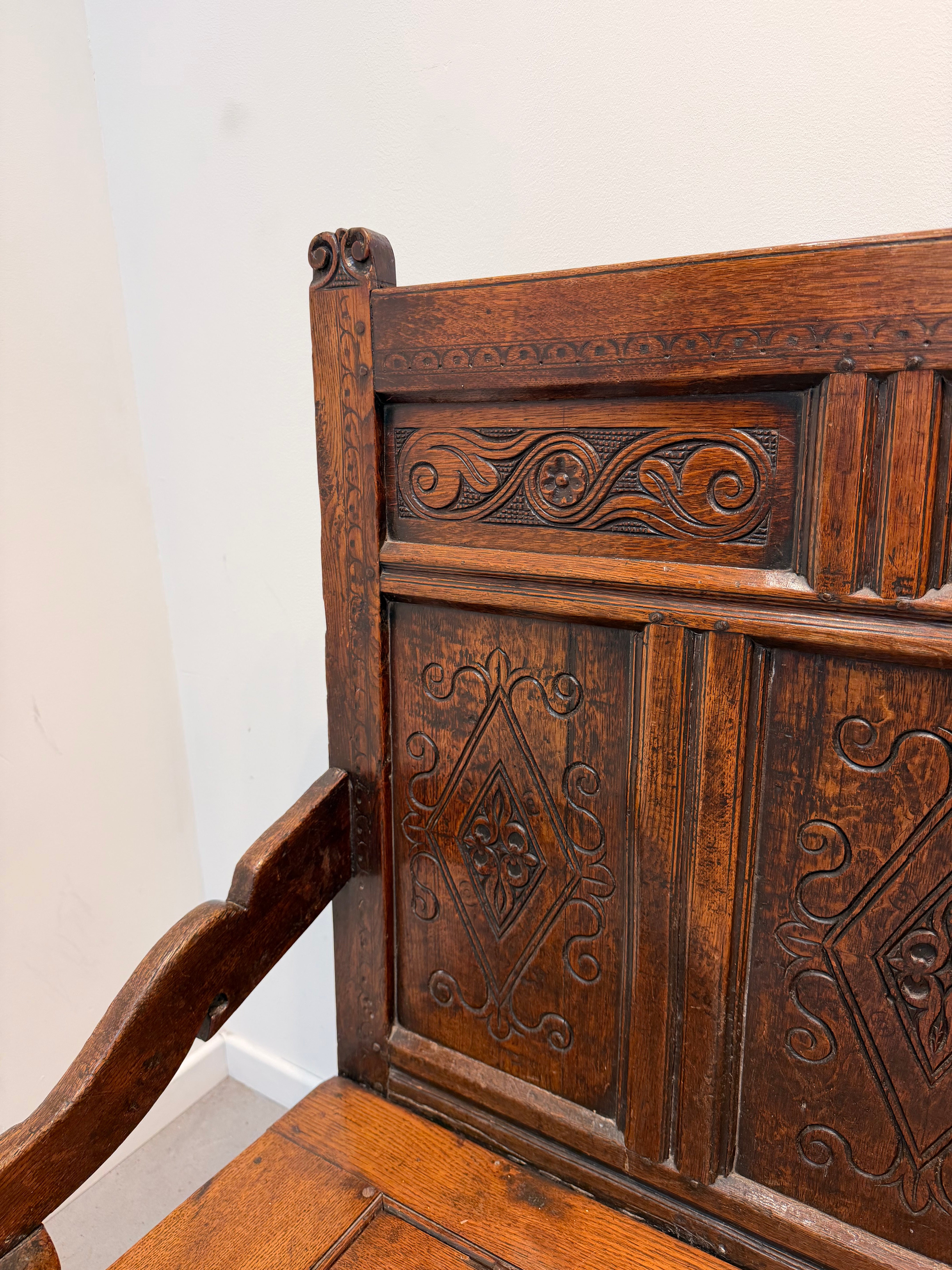 Antique Carved Oak Monks Bench with Storage Chest