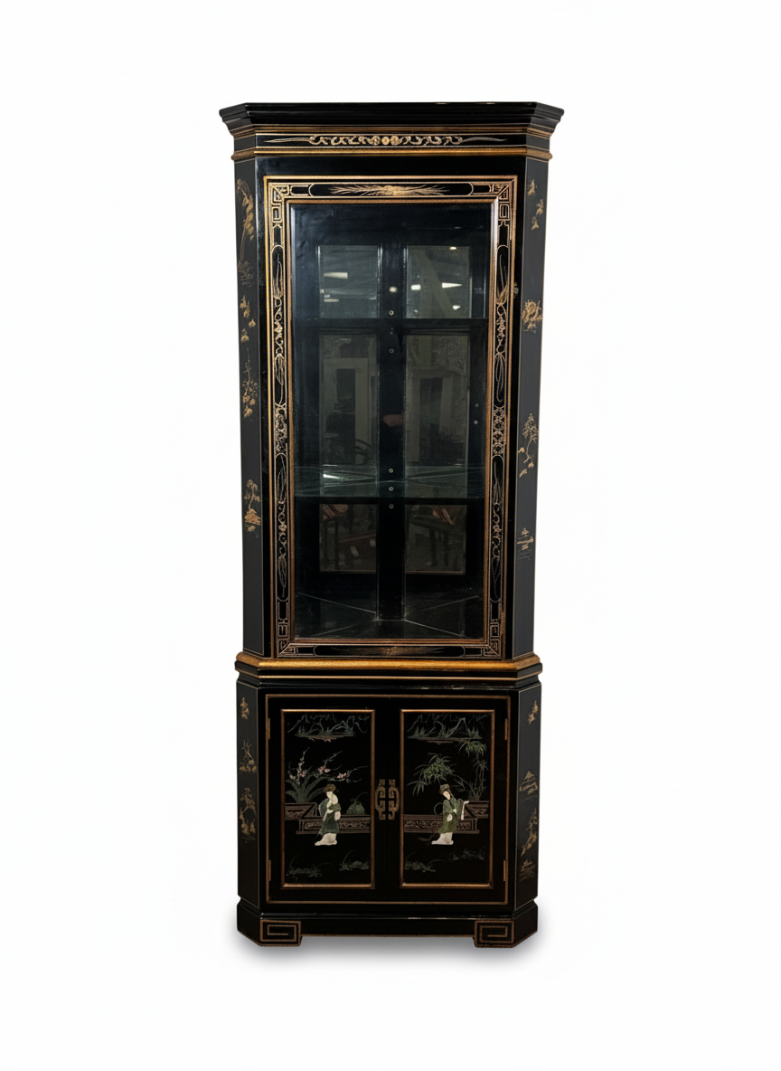 Vintage Oriental Lacquered Corner Cabinet