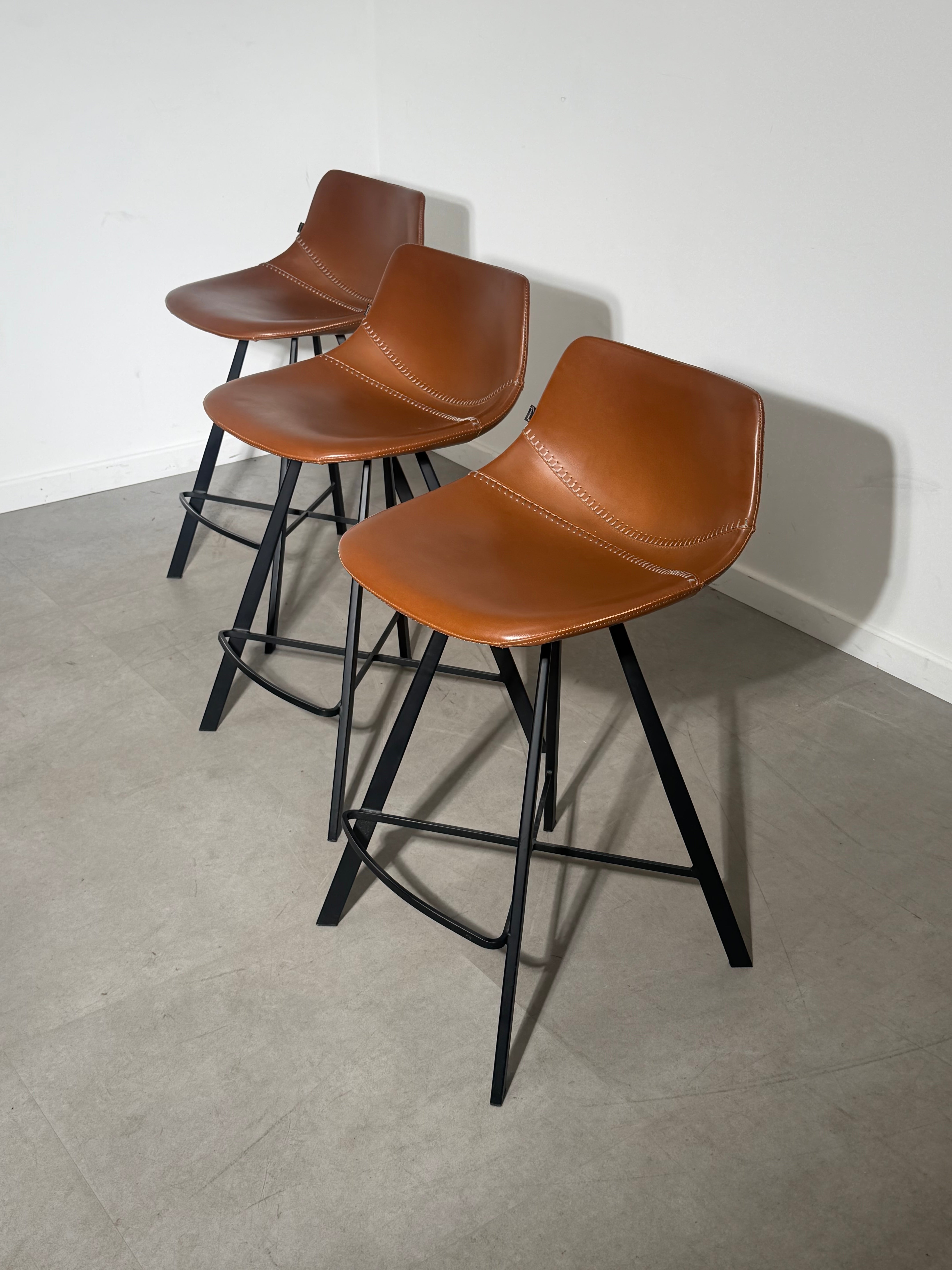 Set of 3 Goossens Wonen & Slapen Cognac Leather Bar Chairs