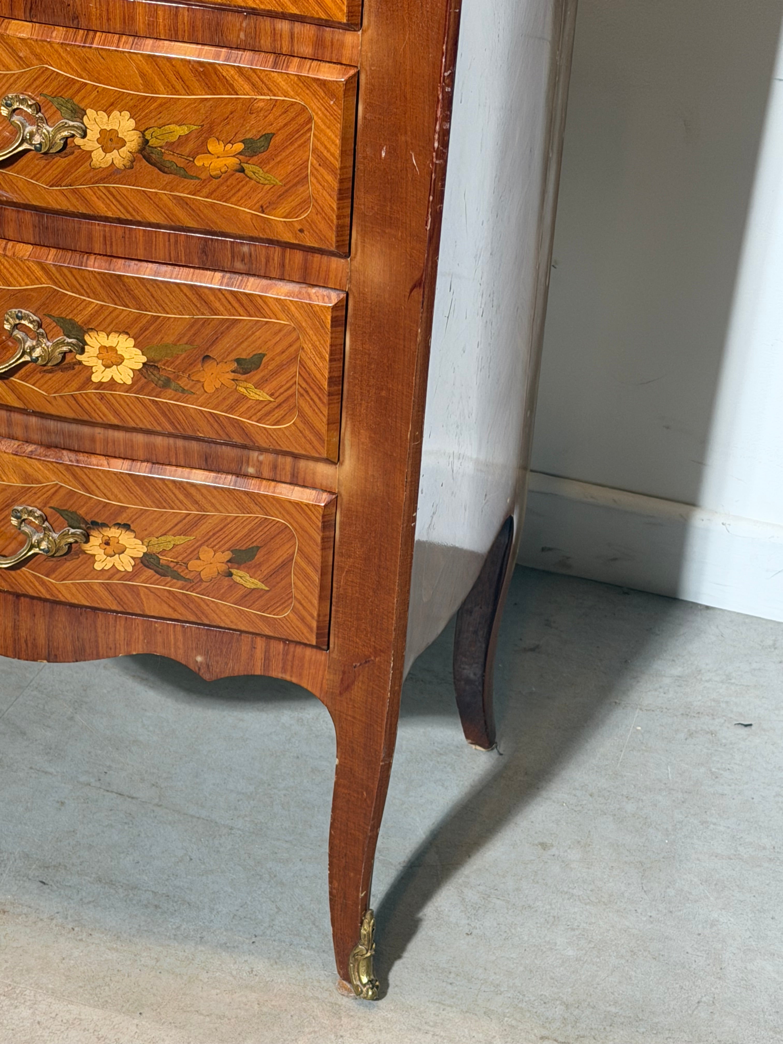 French Louis XV Marquetry Tall Chest of Drawers with Marble Top