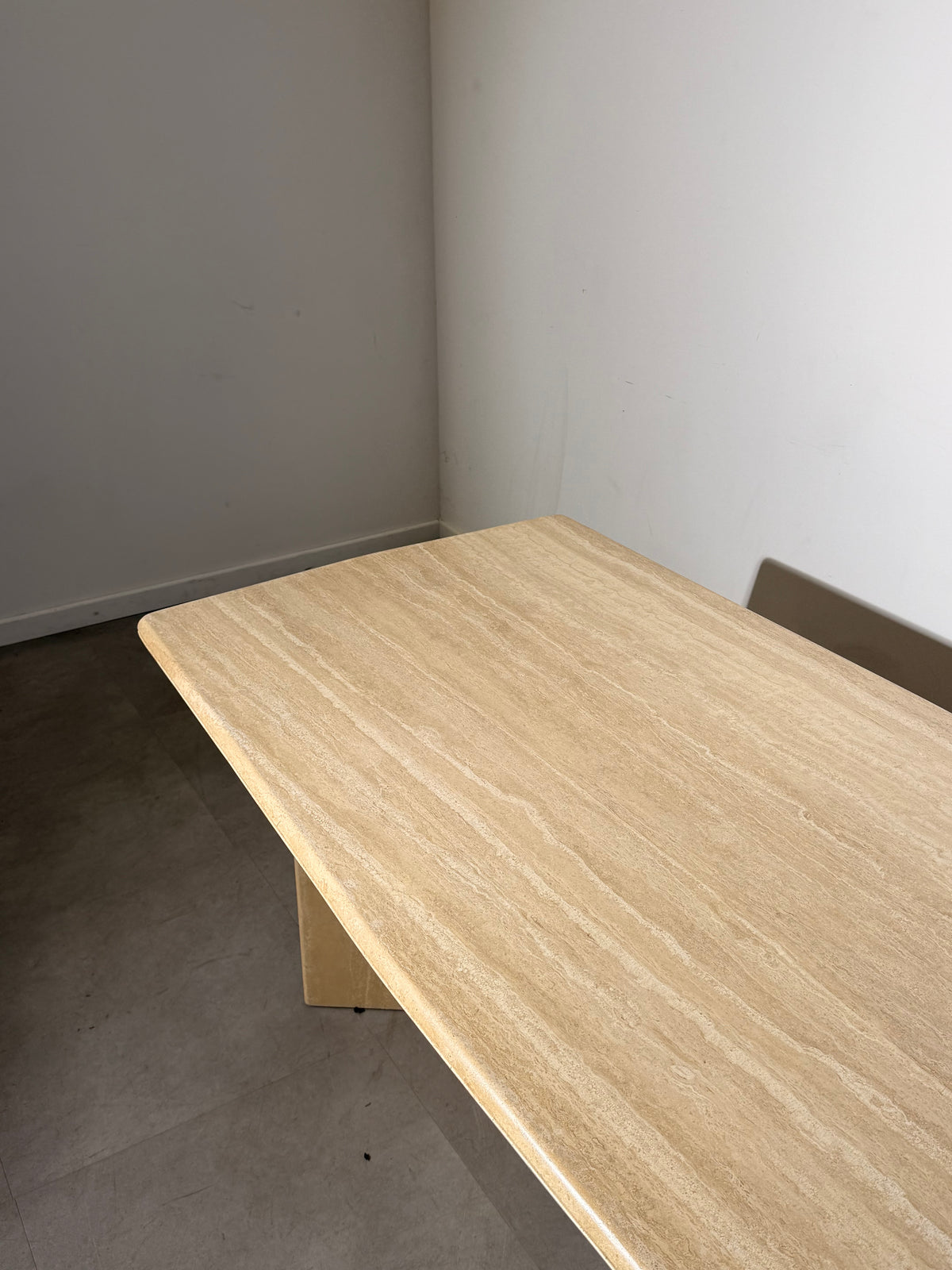 Vintage Travertine Dining Table – Sculptural Double Pedestal Base