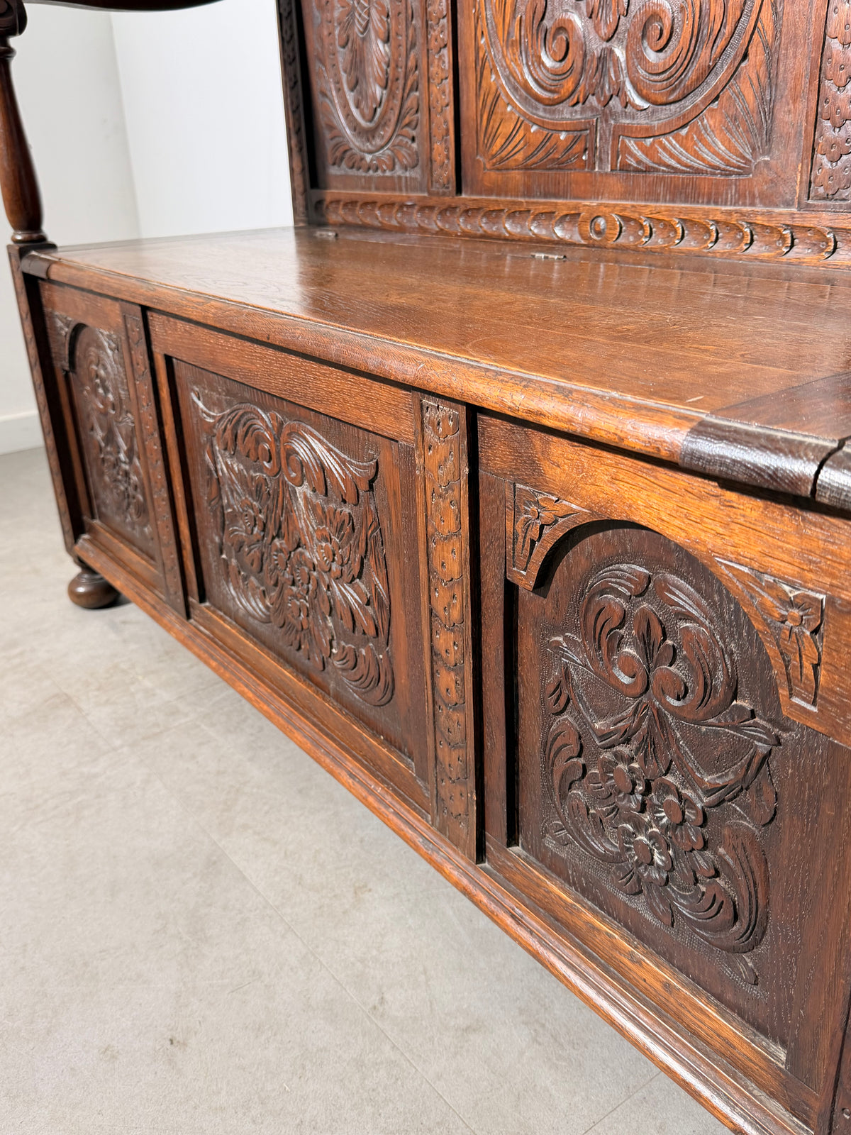 Antique Carved Oak Hall Bench with Storage