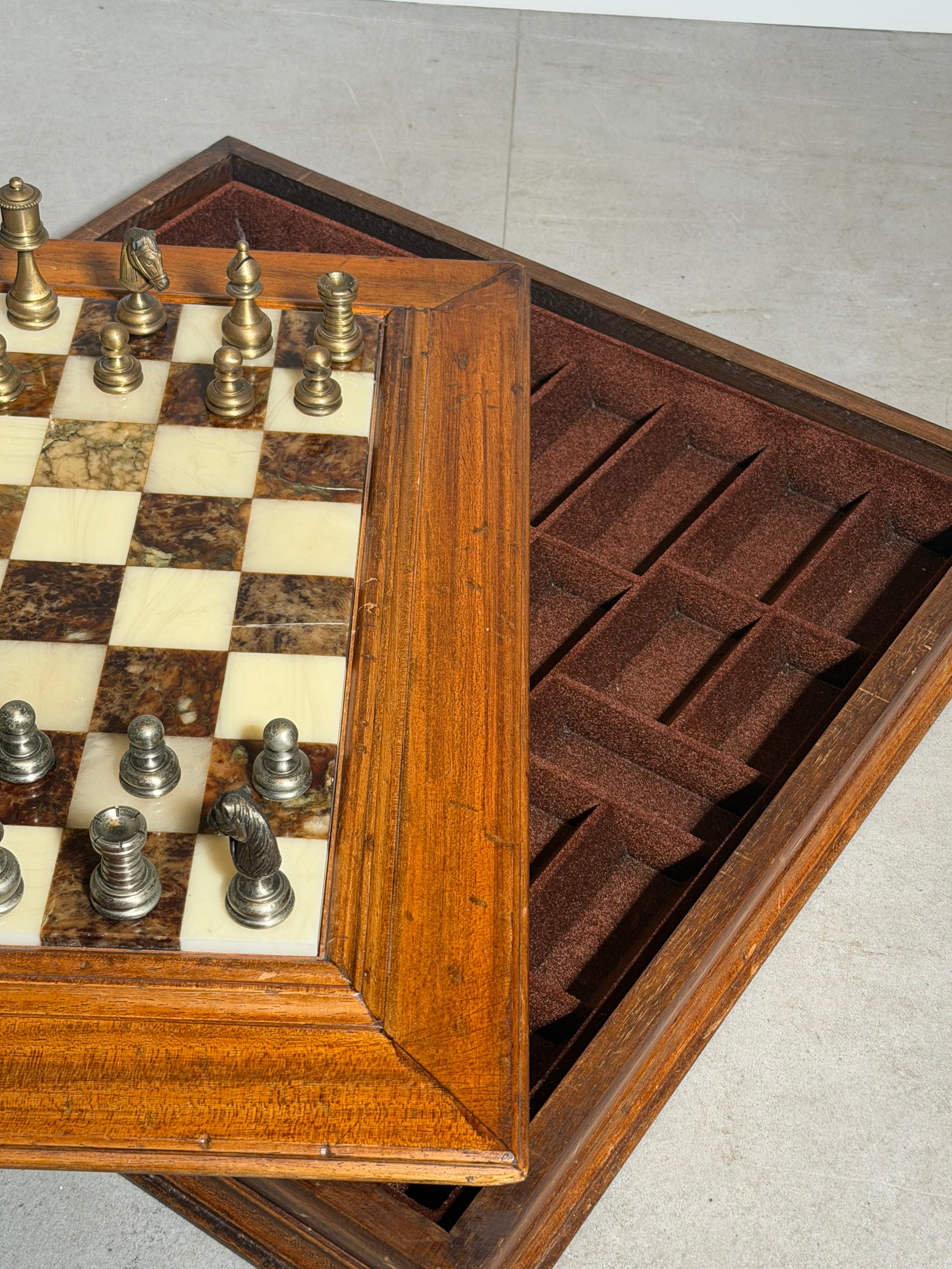 Vintage Marble Chess Set with Metal Pieces & Hidden Storage