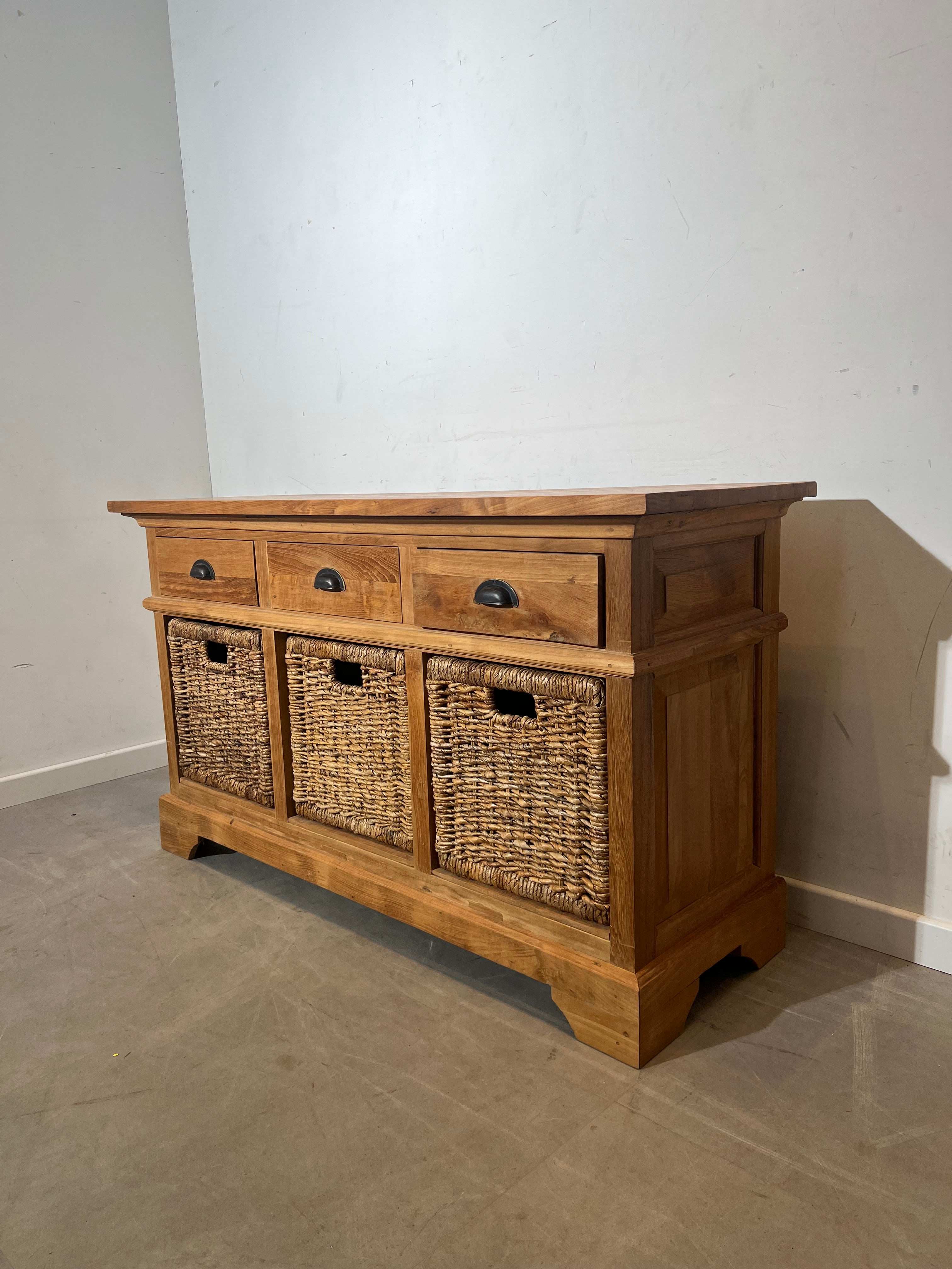 Solid Teak Sideboard with Drawers and Woven Baskets