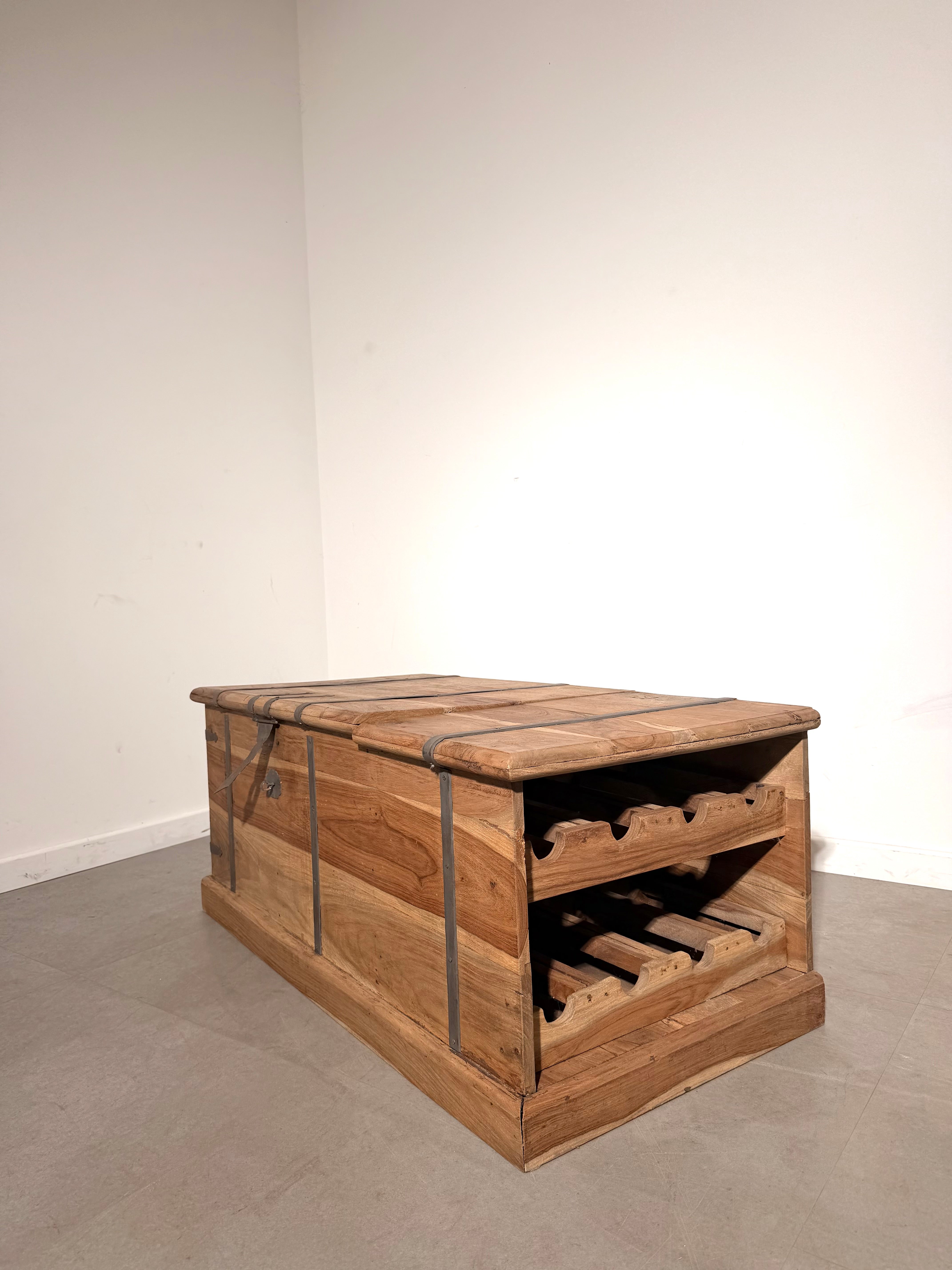 Teak Storage Chest with Integrated Wine Rack