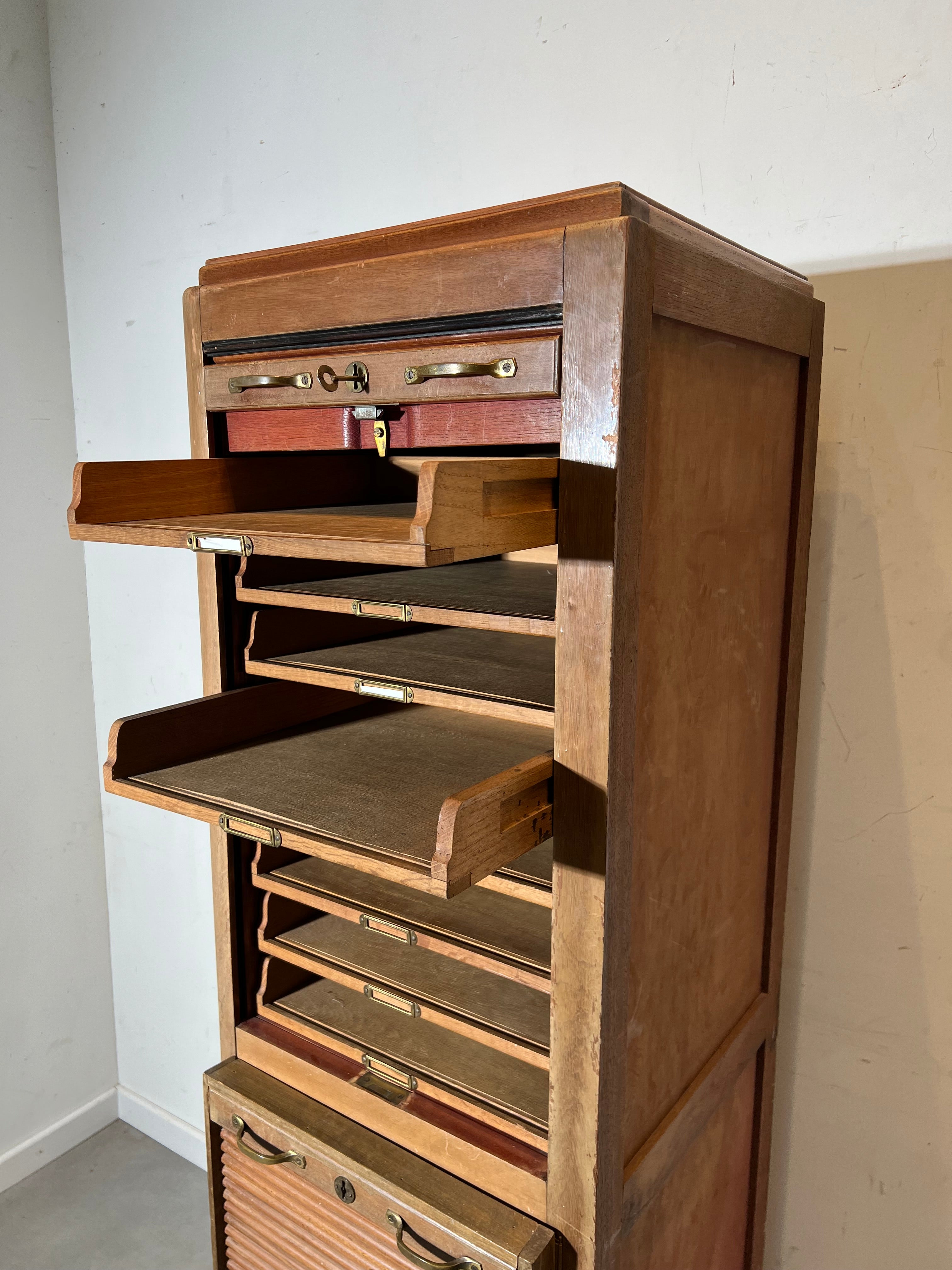 Vintage Wooden Tambour Door Filing Cabinet with Pull-Out Trays